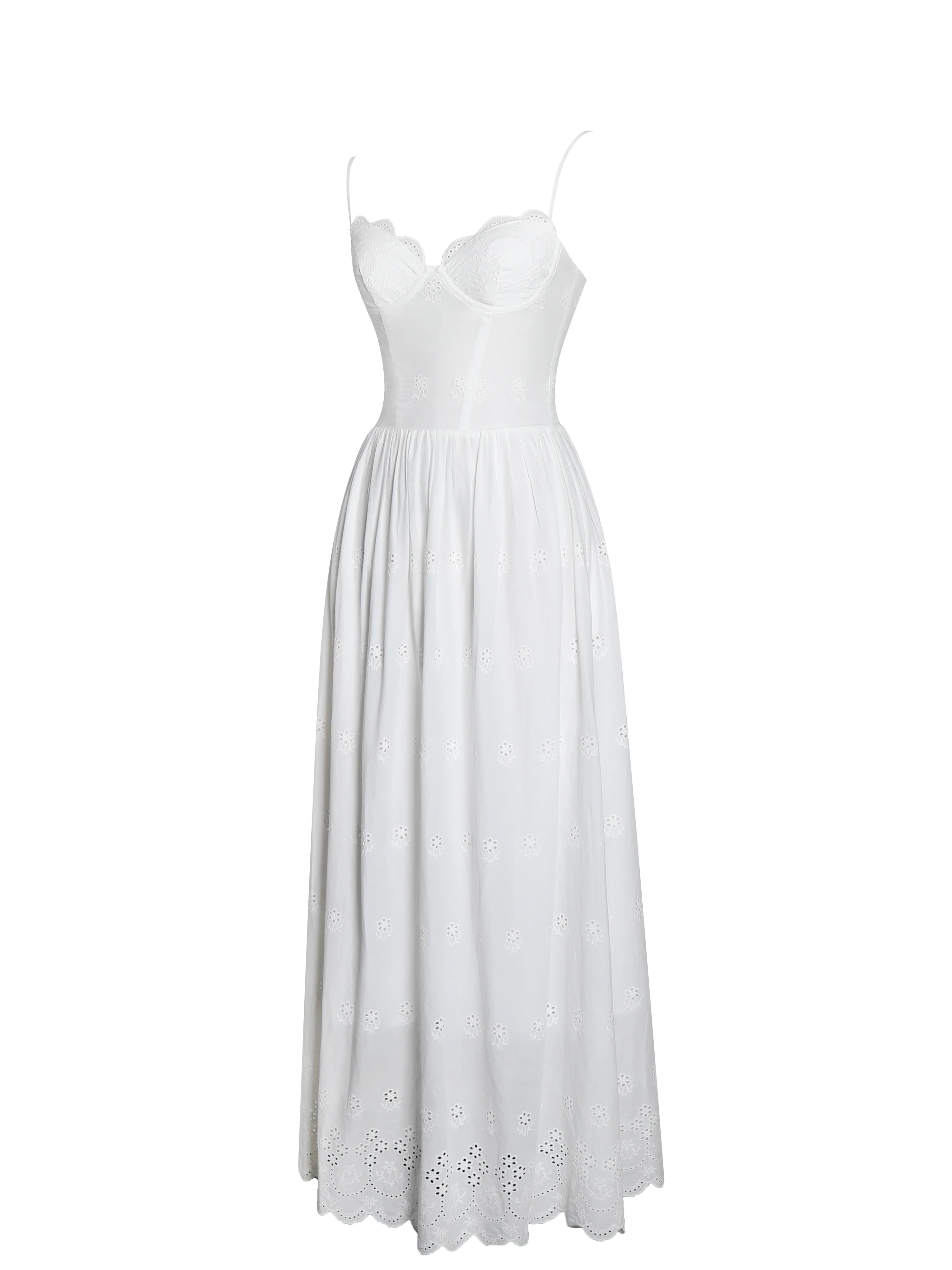 Oberon White Cotton Eyelet Lace-Up Back Maxi Dress