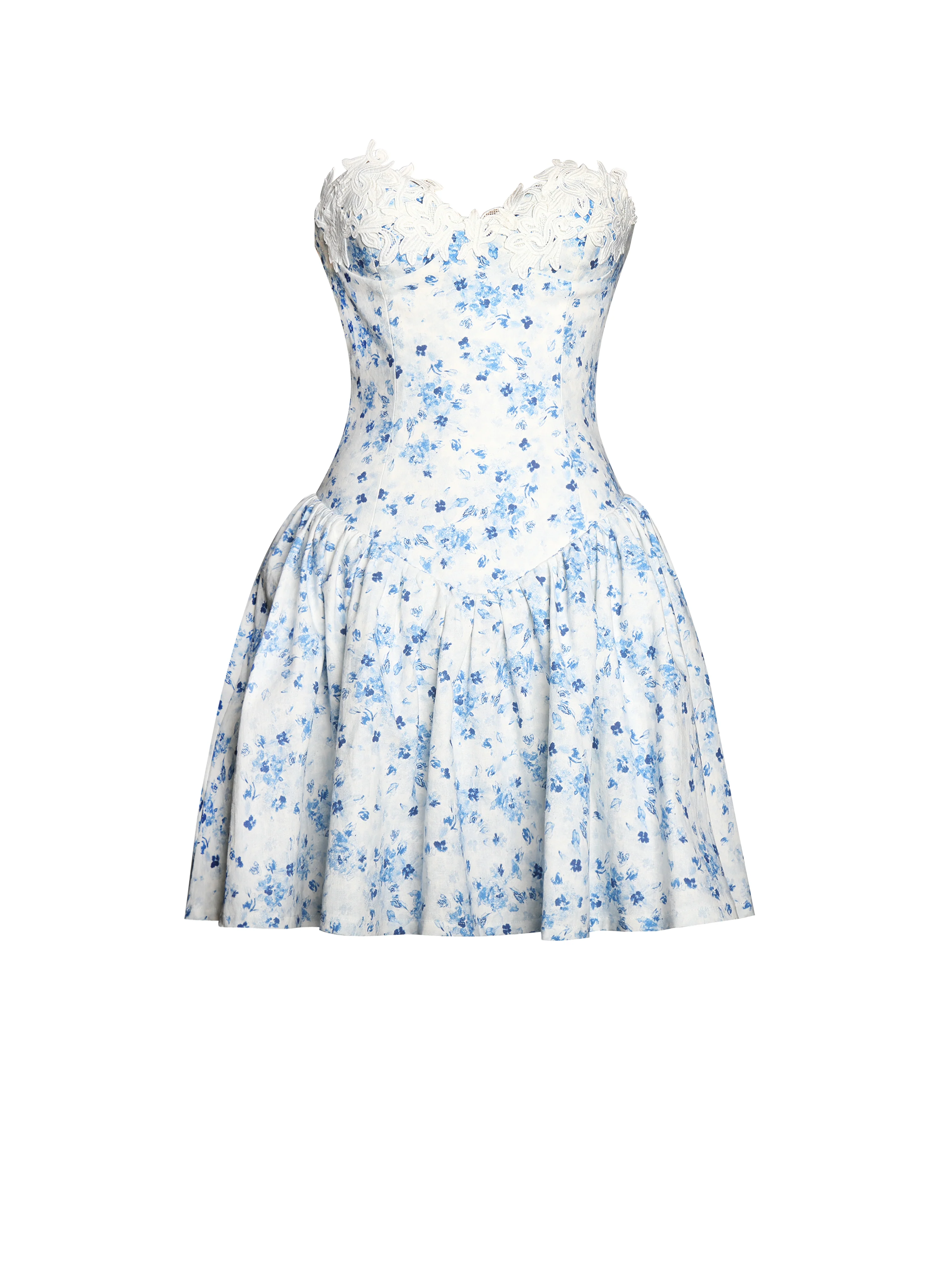 Taleah Blue Floral Print Linen Mini Dress with Lace Trim