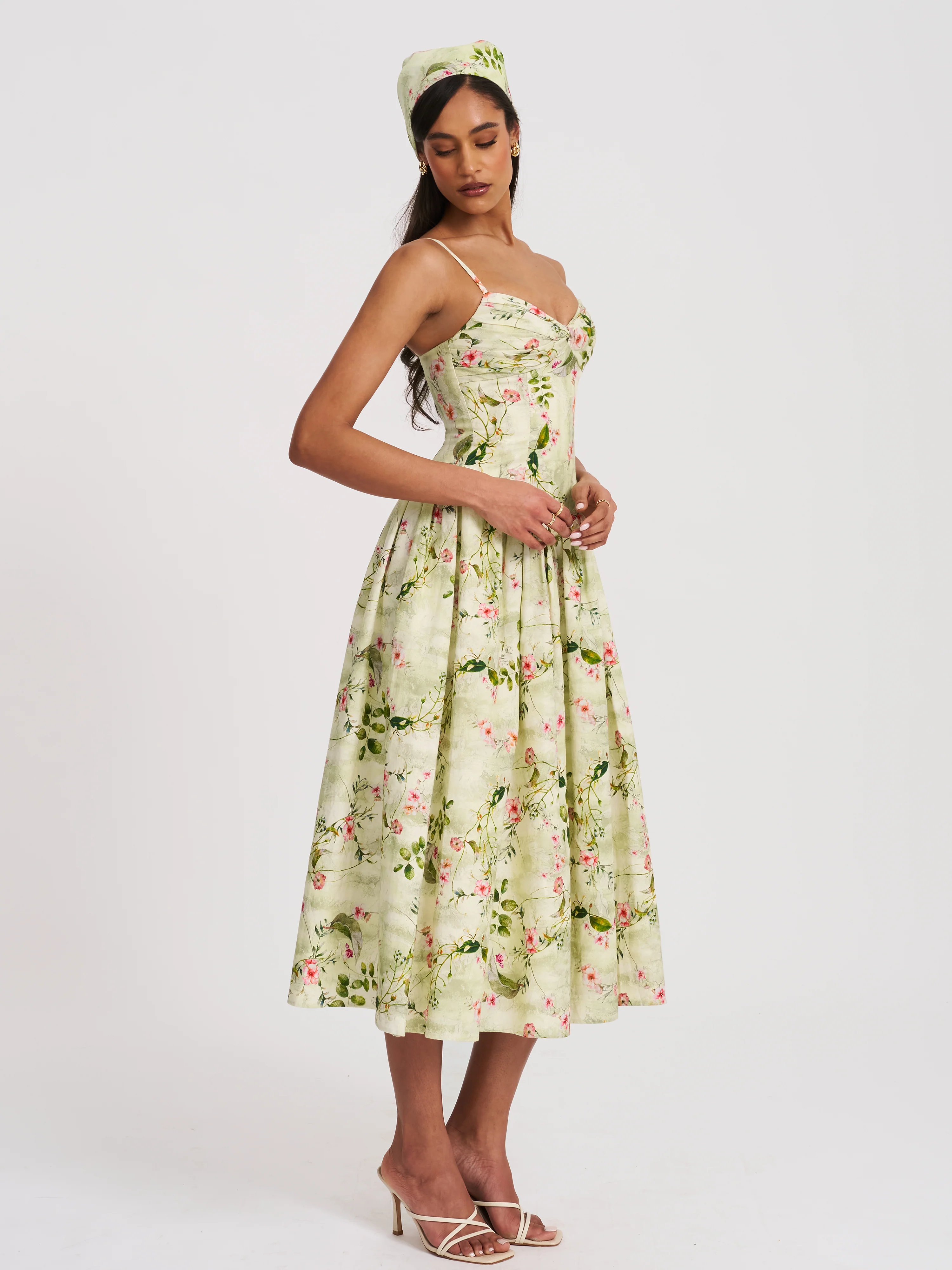 Jacinda Green Floral Print Ruched Breast Linen Midi Dress