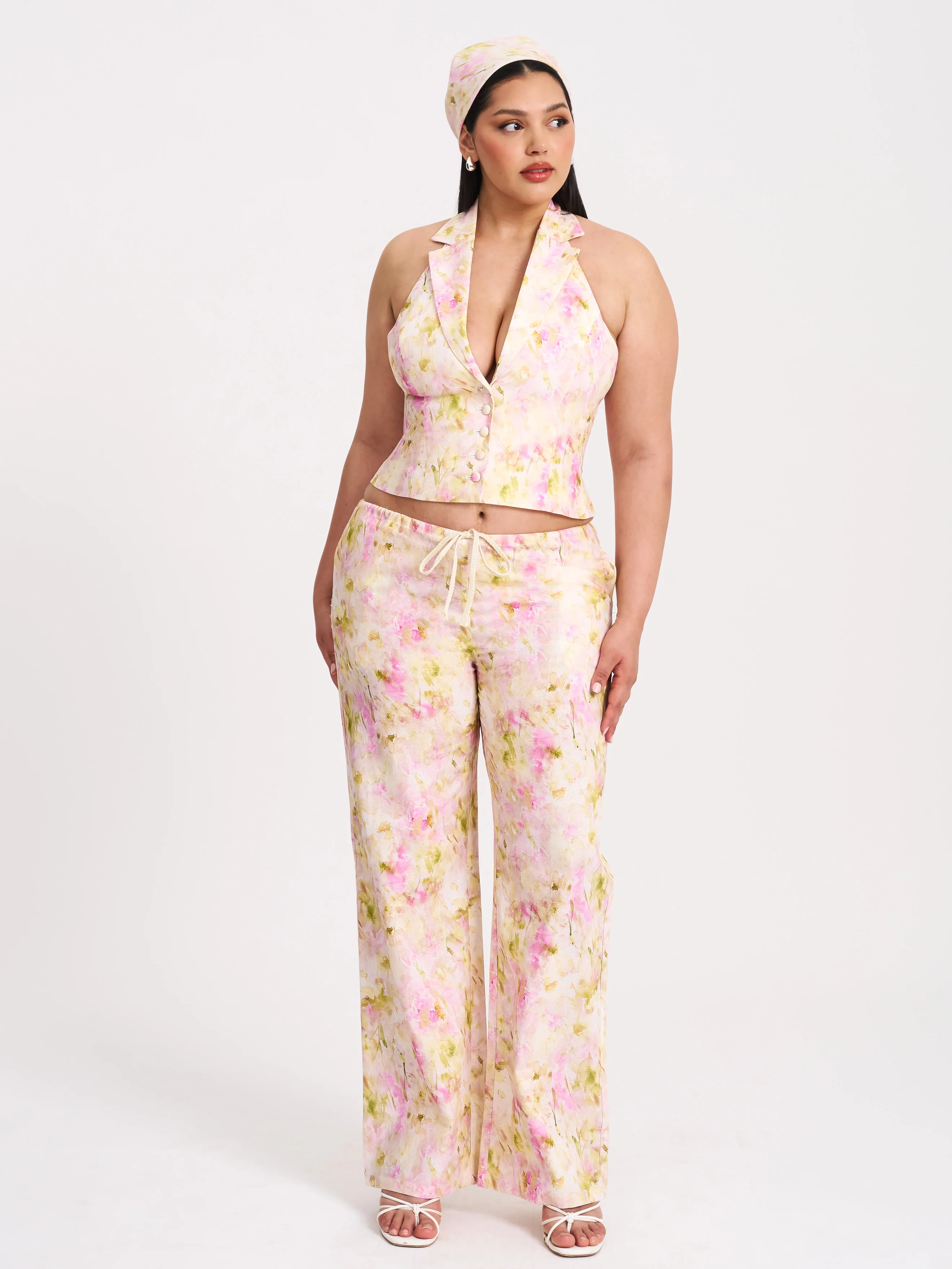 Laureen Pink Floral Print Linen Straight Pants