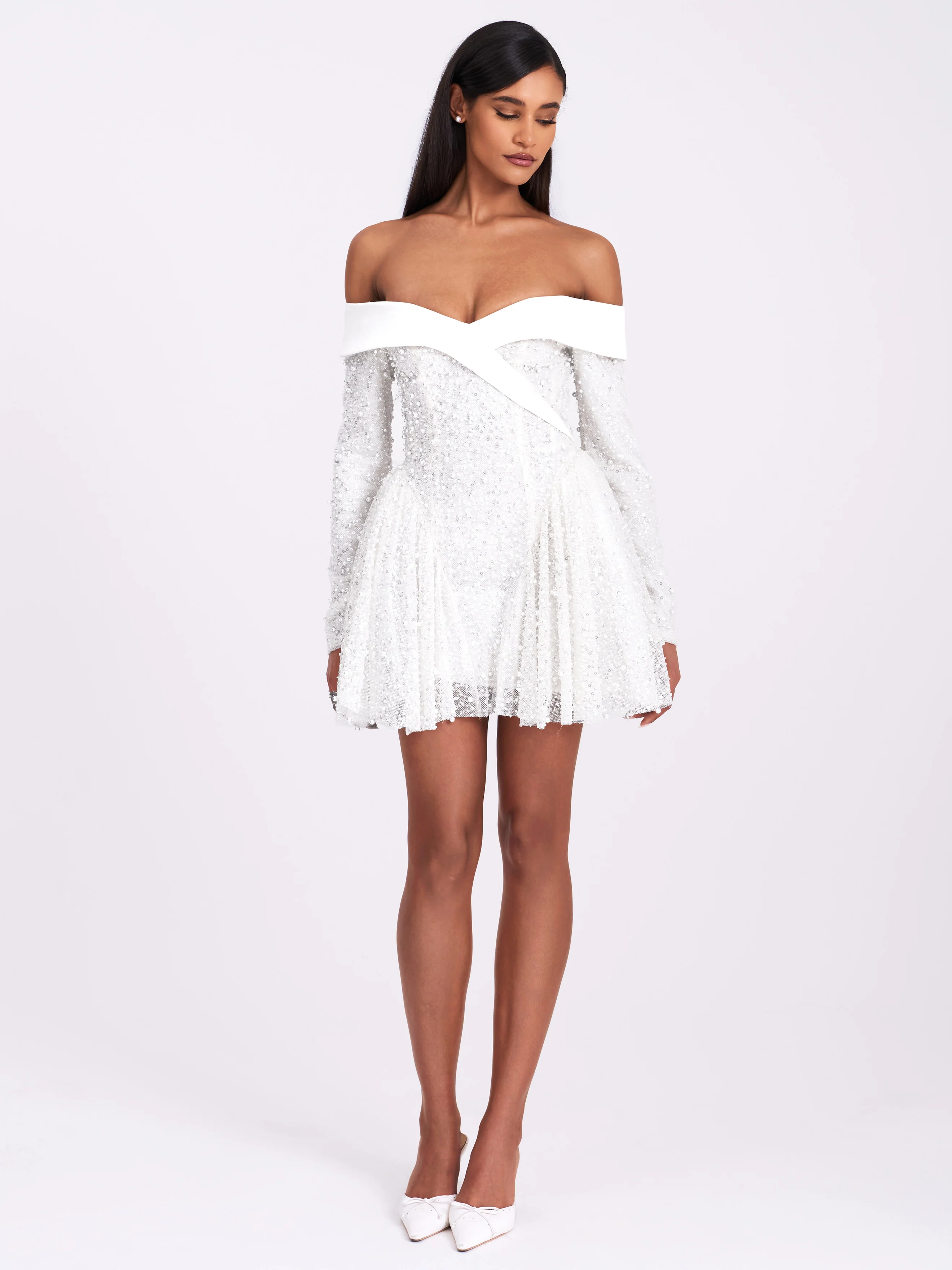 Kira Bead Embroidered Mesh Off Shoulder Long Sleeve Mini Dress