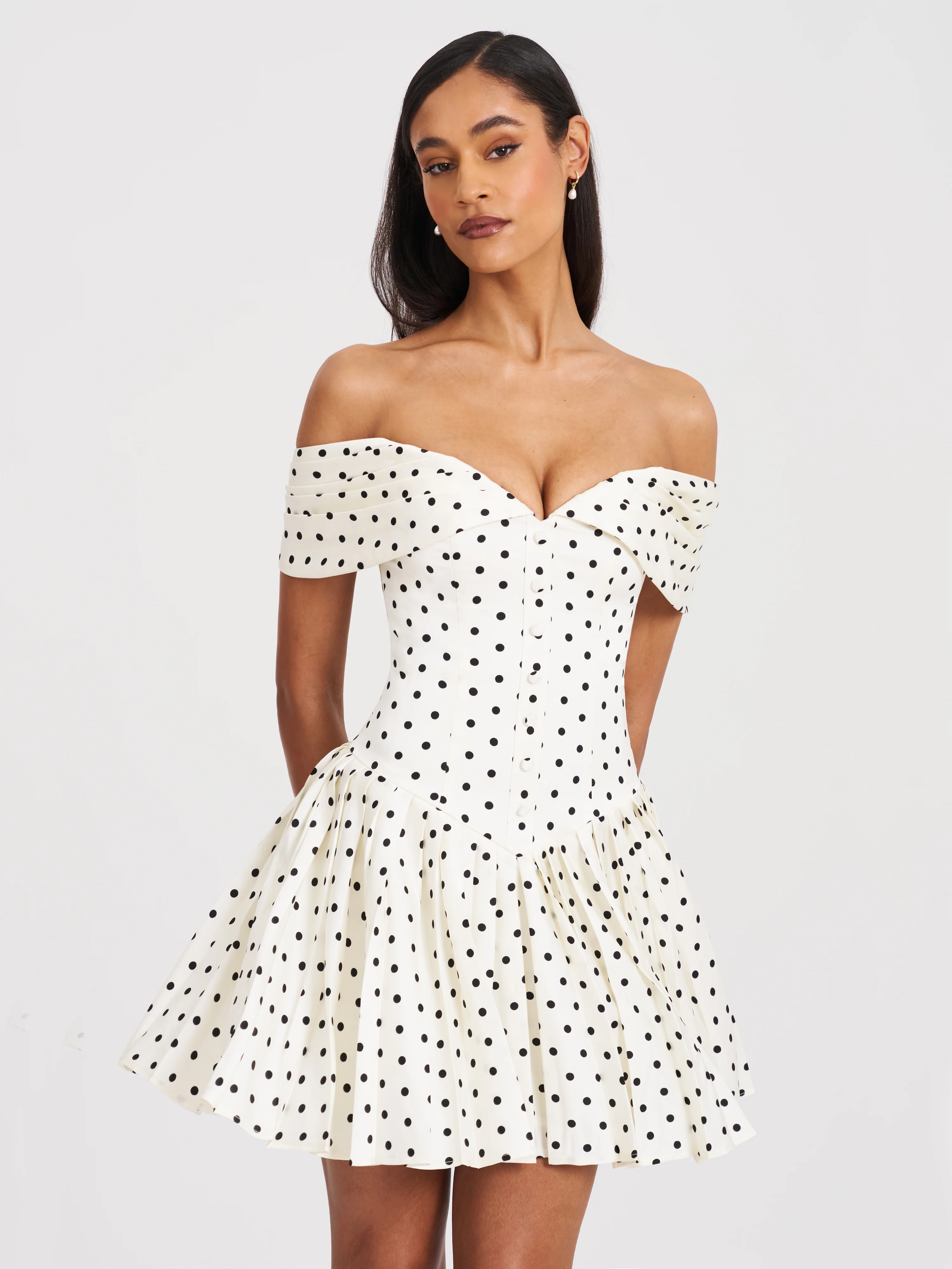 Edeline Polka Dot Off-shoulder Pleated Mini Dress