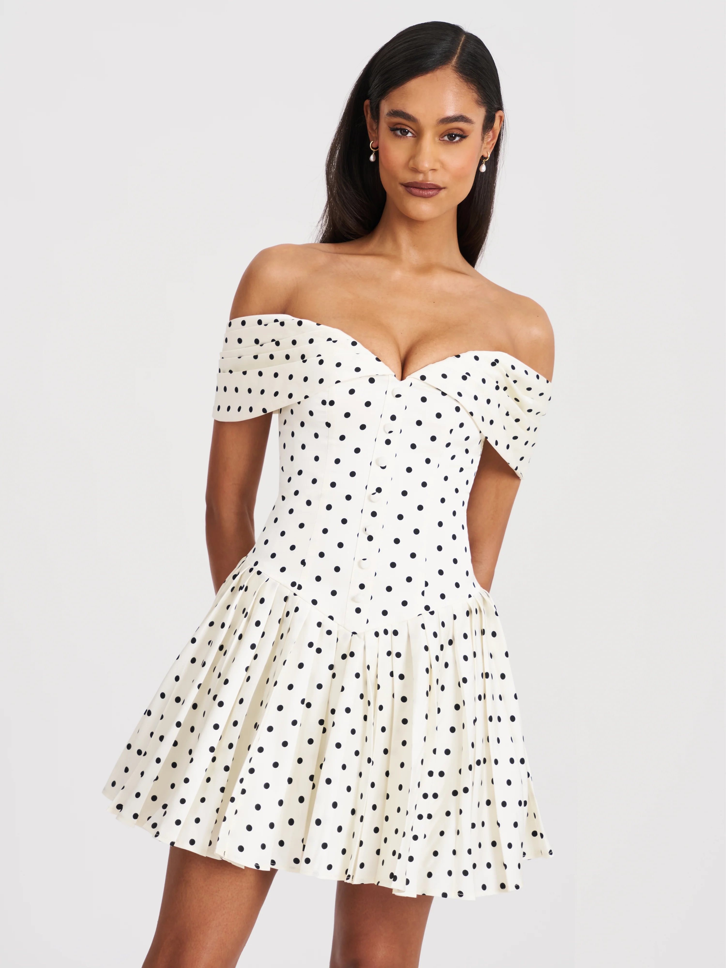 Edeline Polka Dot Off-shoulder Pleated Mini Dress