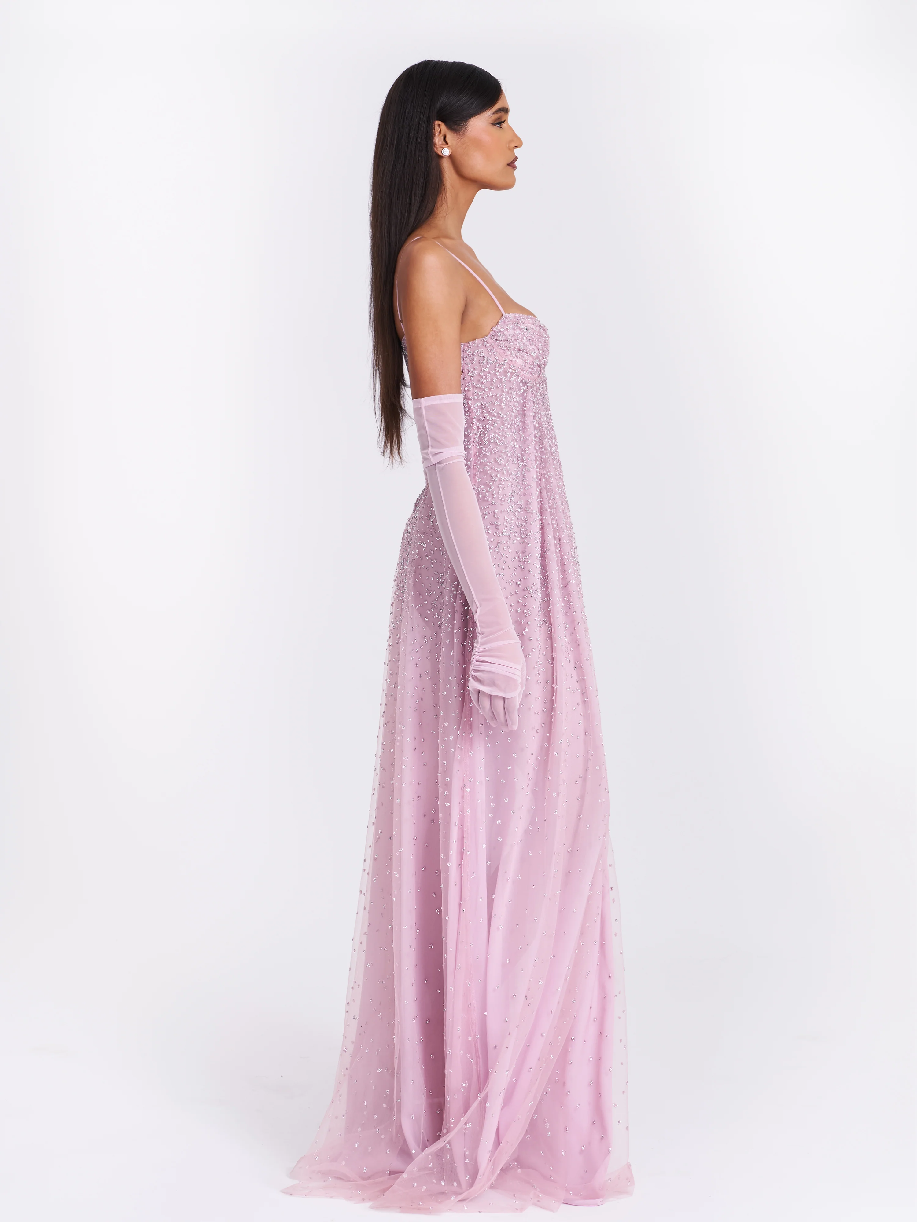 Wallie Pink Rhinestone Embellished Mesh Backless Gown