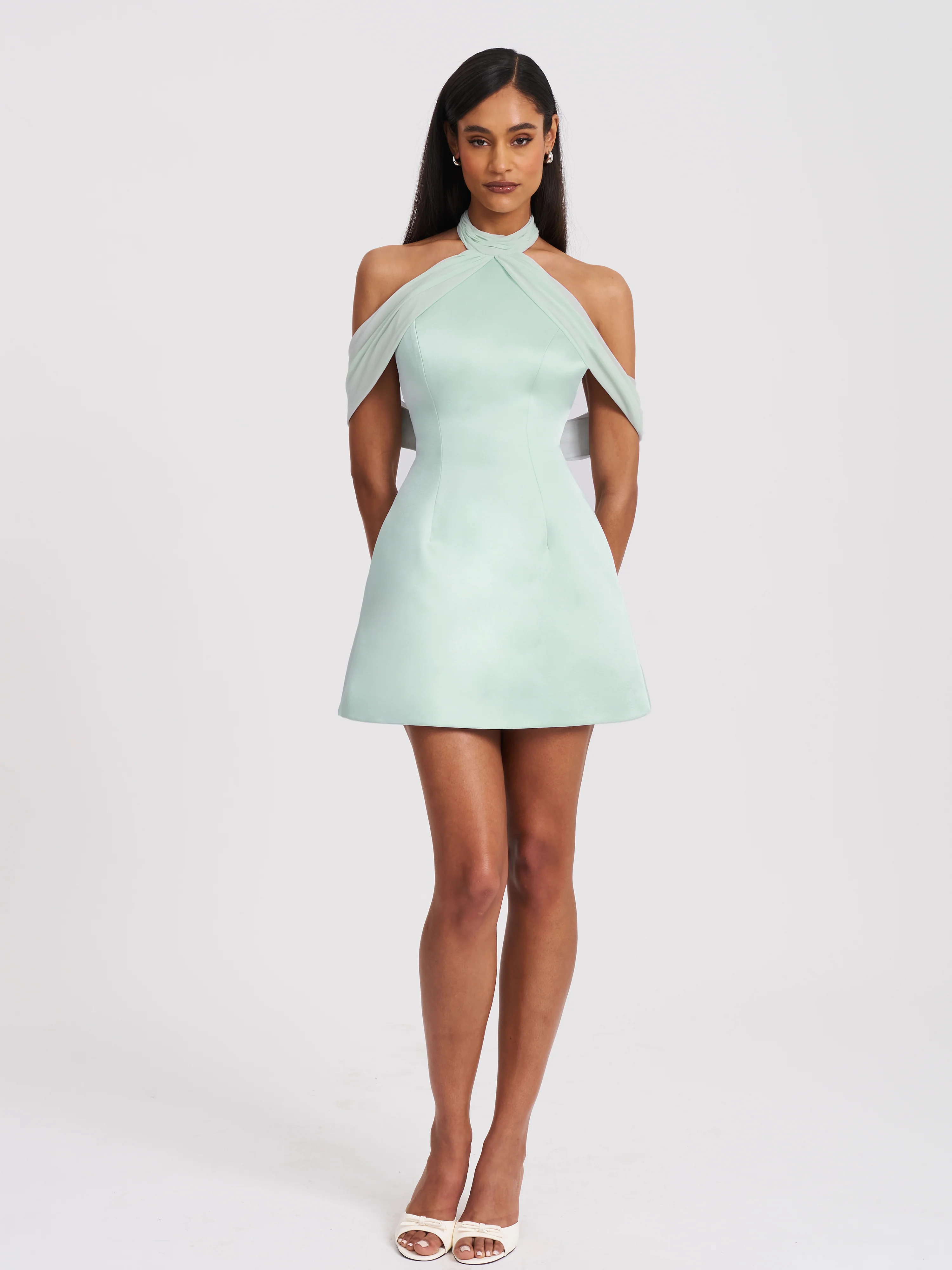 Zafrina Light Cyan Halter Off-shoulder Backless Mini Dress