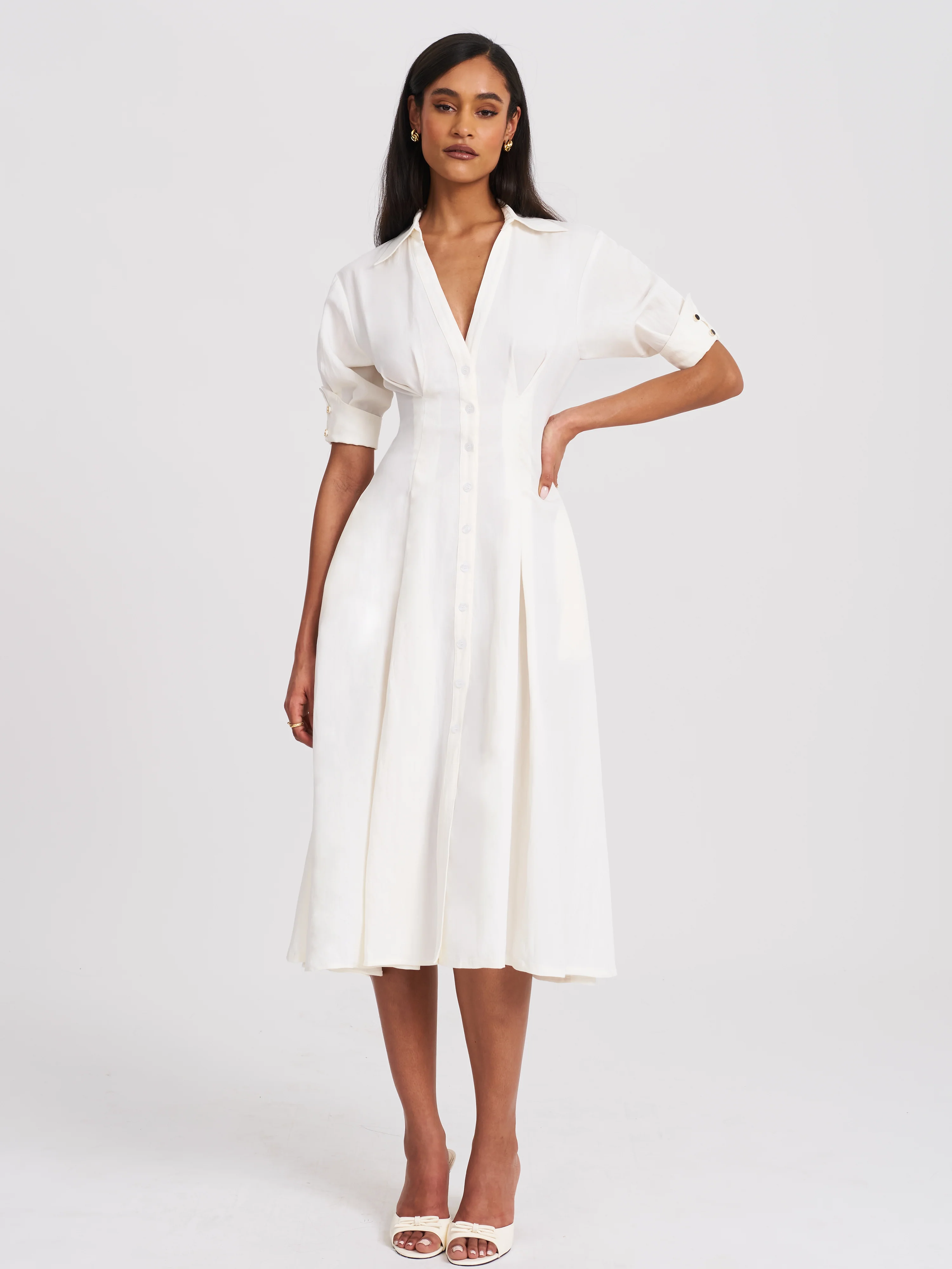 Palina Lyocell Pleated Midi Preppy Shirt Dress