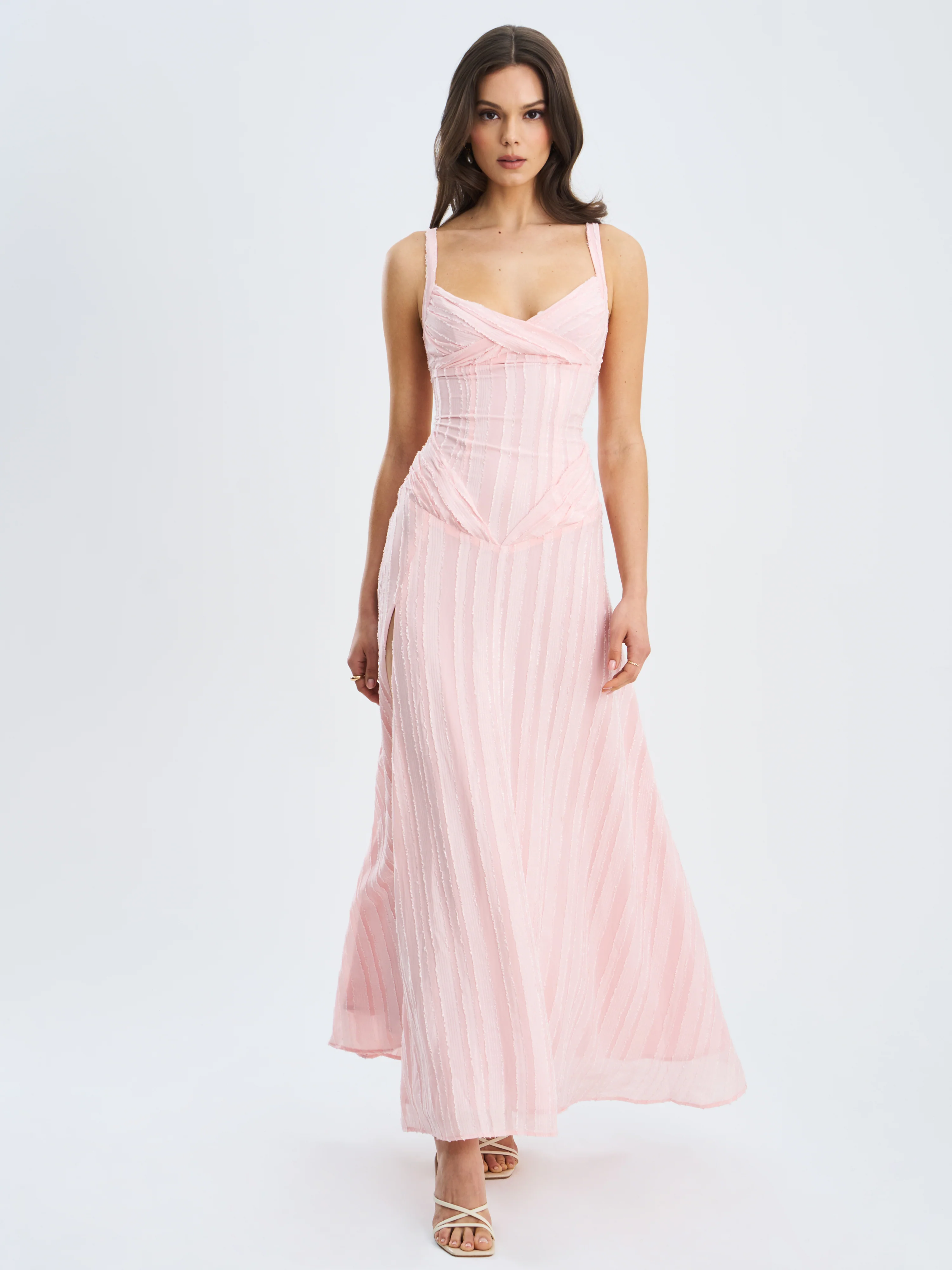Mallory Baby Pink Stripe Jacquard High Slit Gown