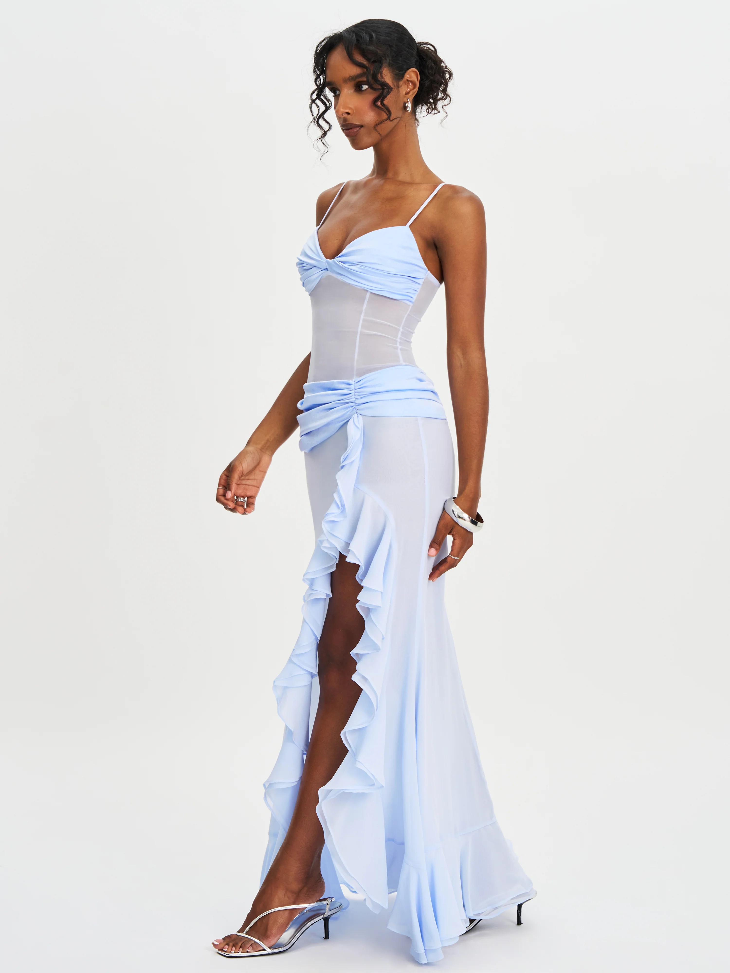 Lacy Blue Ruched Breast High Slit Chiffon Dress