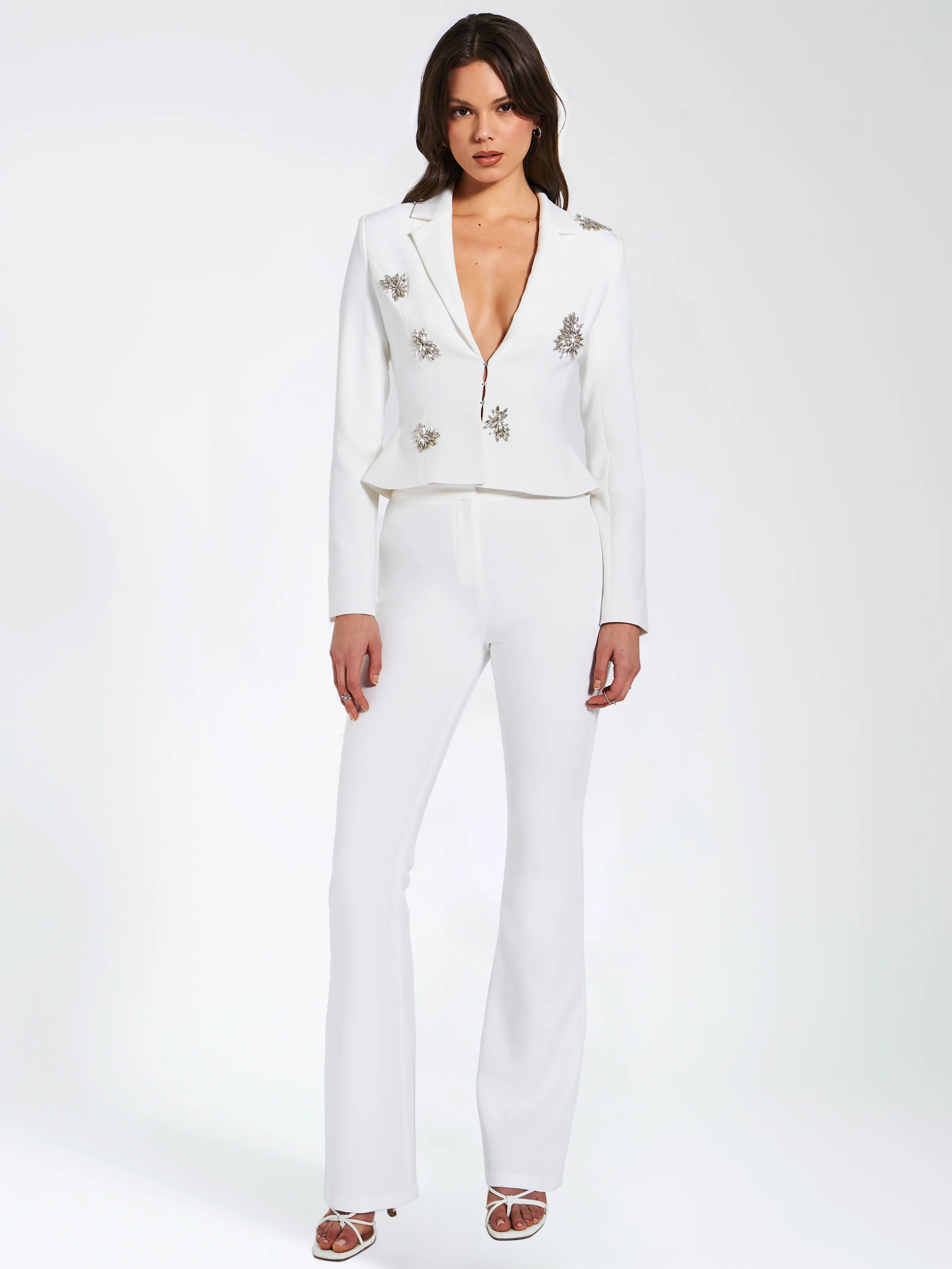 Waleria White Stretch Crepe Flare Pants