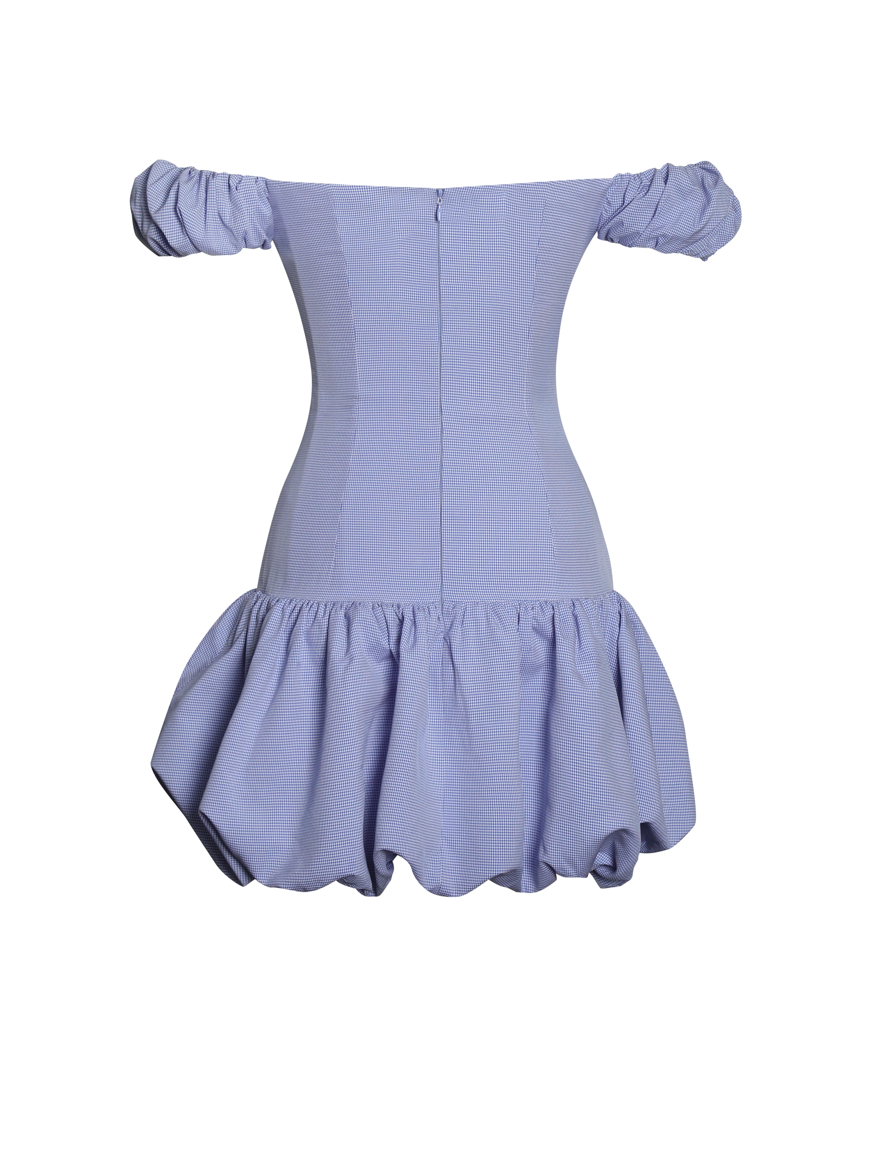 Sablee Checkered Puffy Off Shoulder Trim Bubble Hem Mini Dress