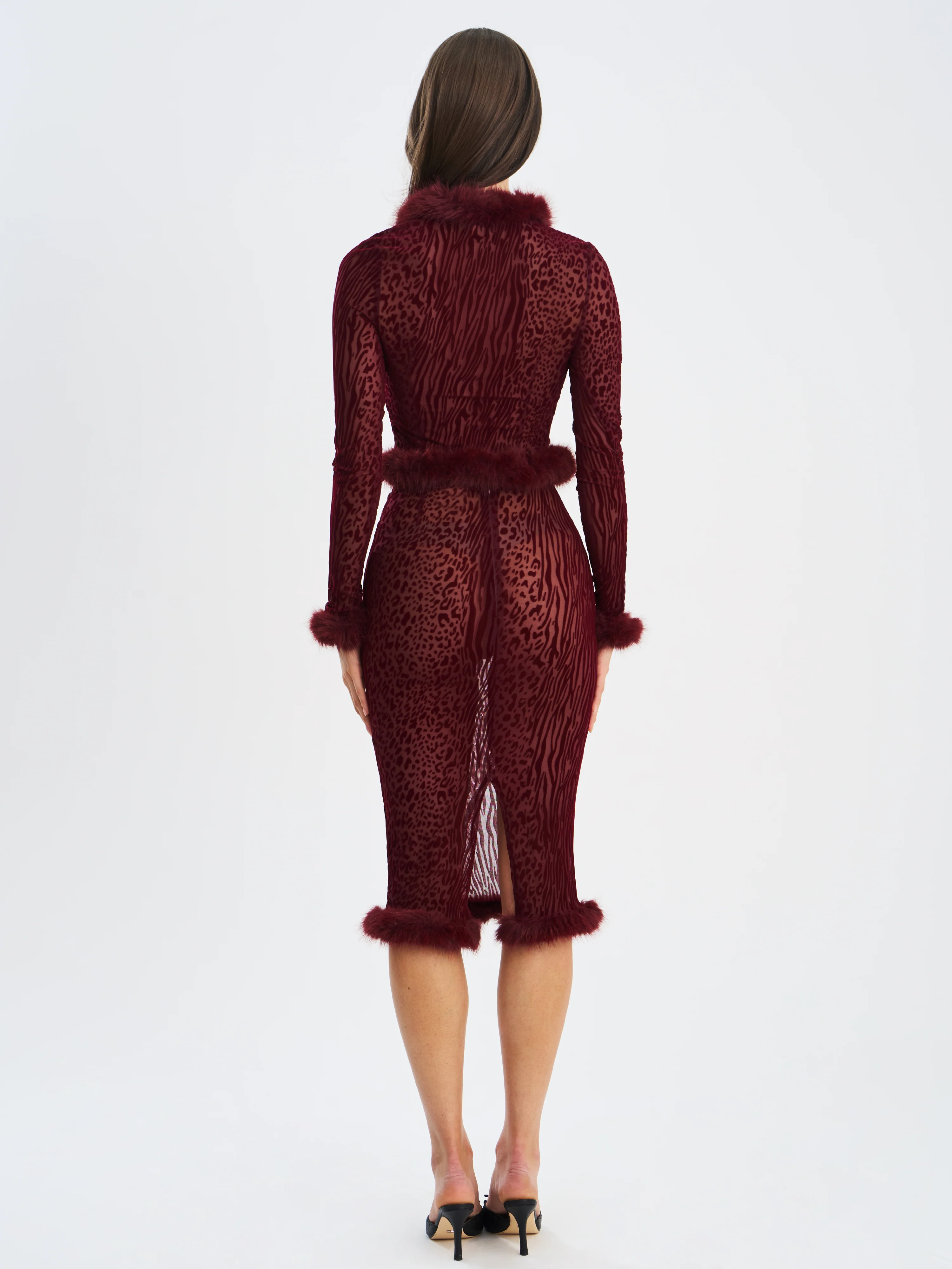 Halia Burgundy Animal Print Burnout Velvet Fur Trim Skirt