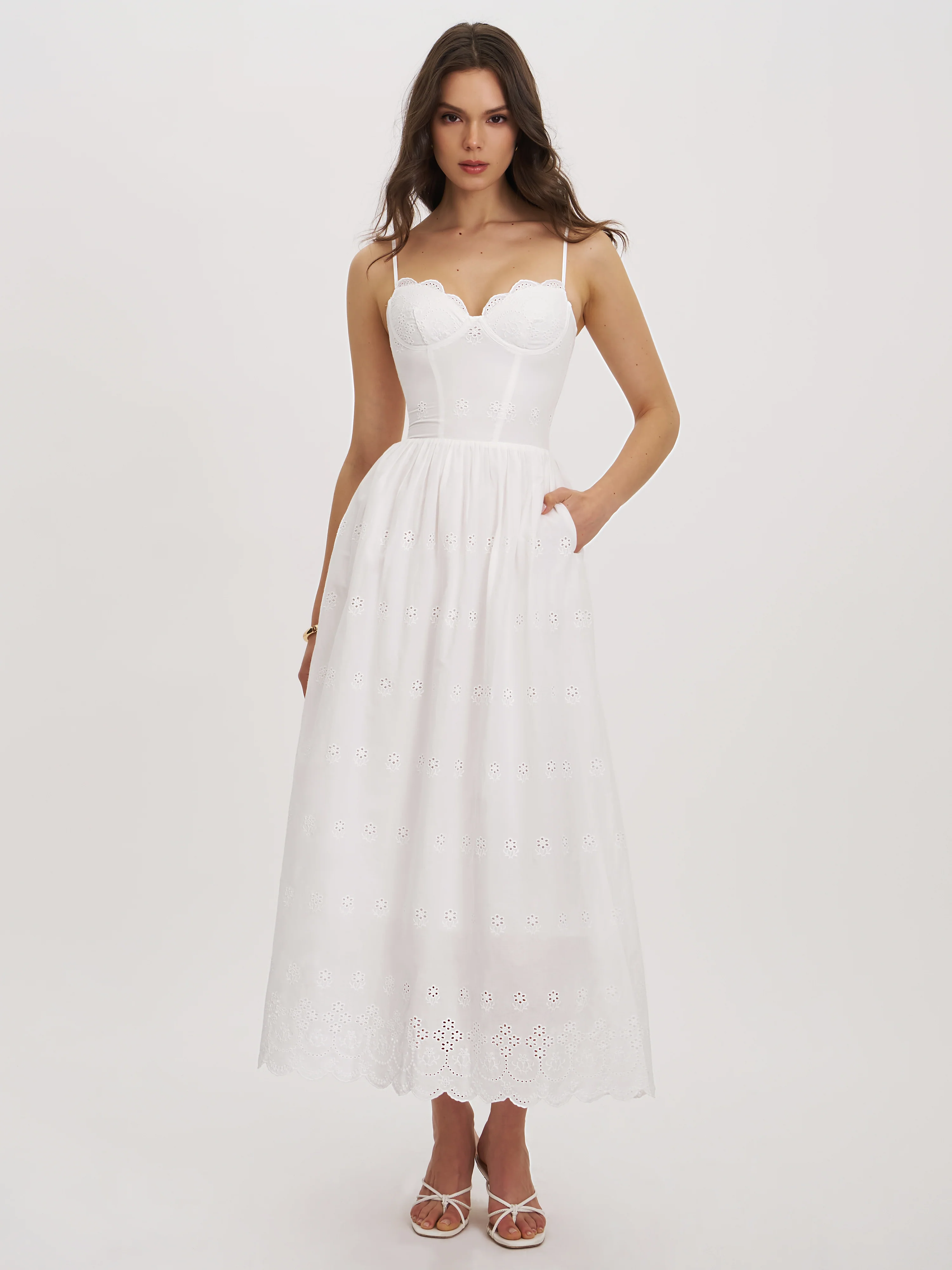 Oberon White Cotton Eyelet Lace-Up Back Maxi Dress