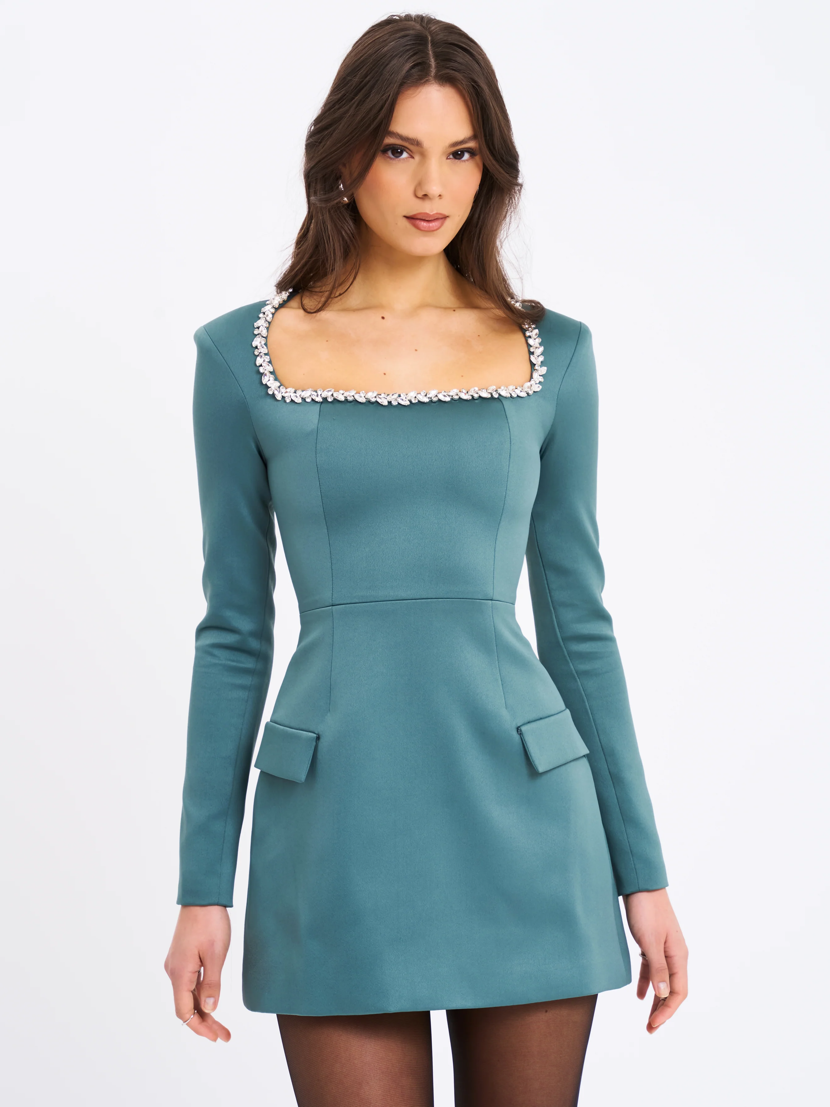 Gabella Dark Green Long Sleeve A-line Mini Dress with Crystal Trim
