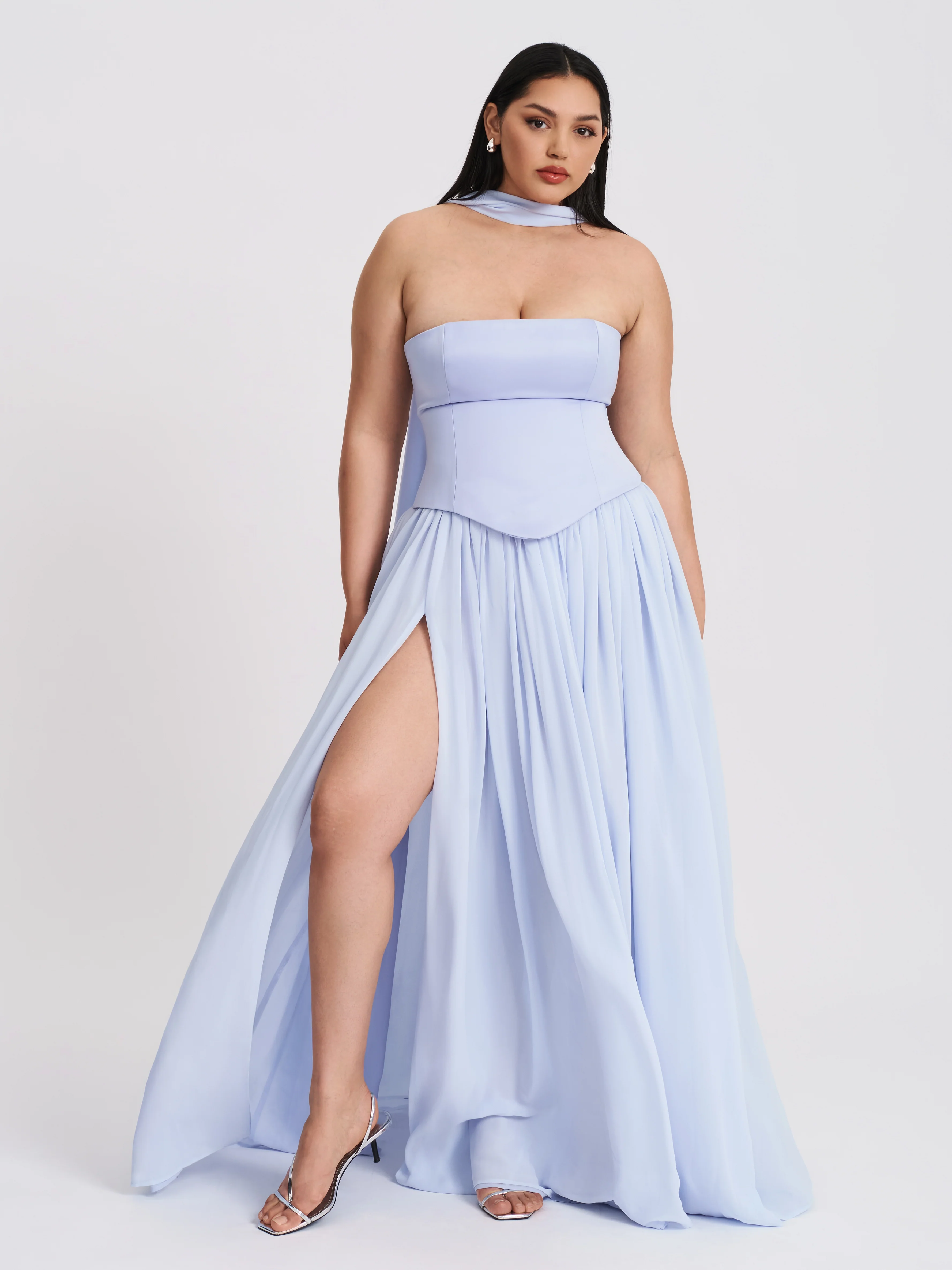 Qianna Baby Blue Peplum Top Drop Waist Chiffon Gown