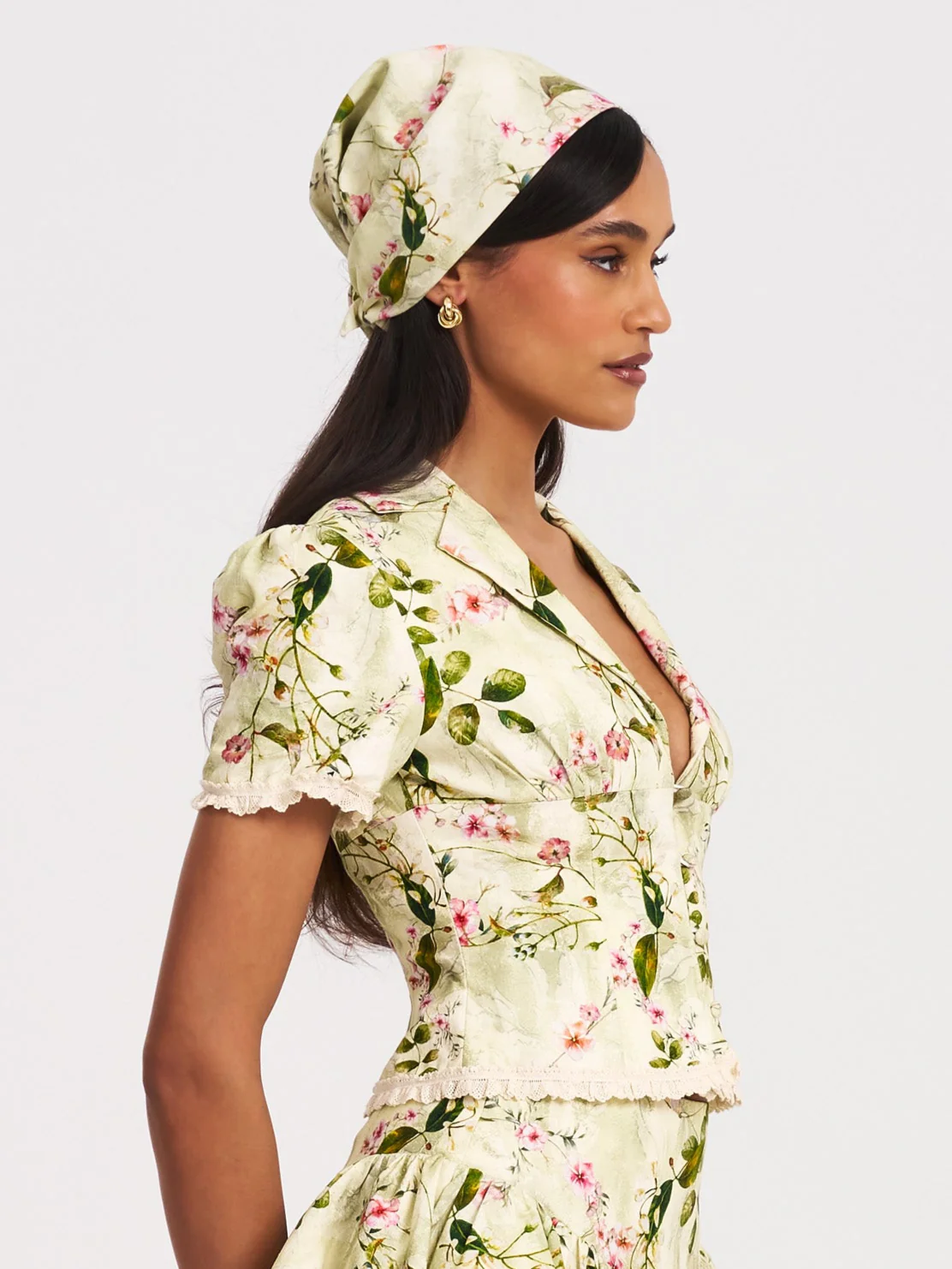 Spring Affair Green Floral Print Linen Head Scarf