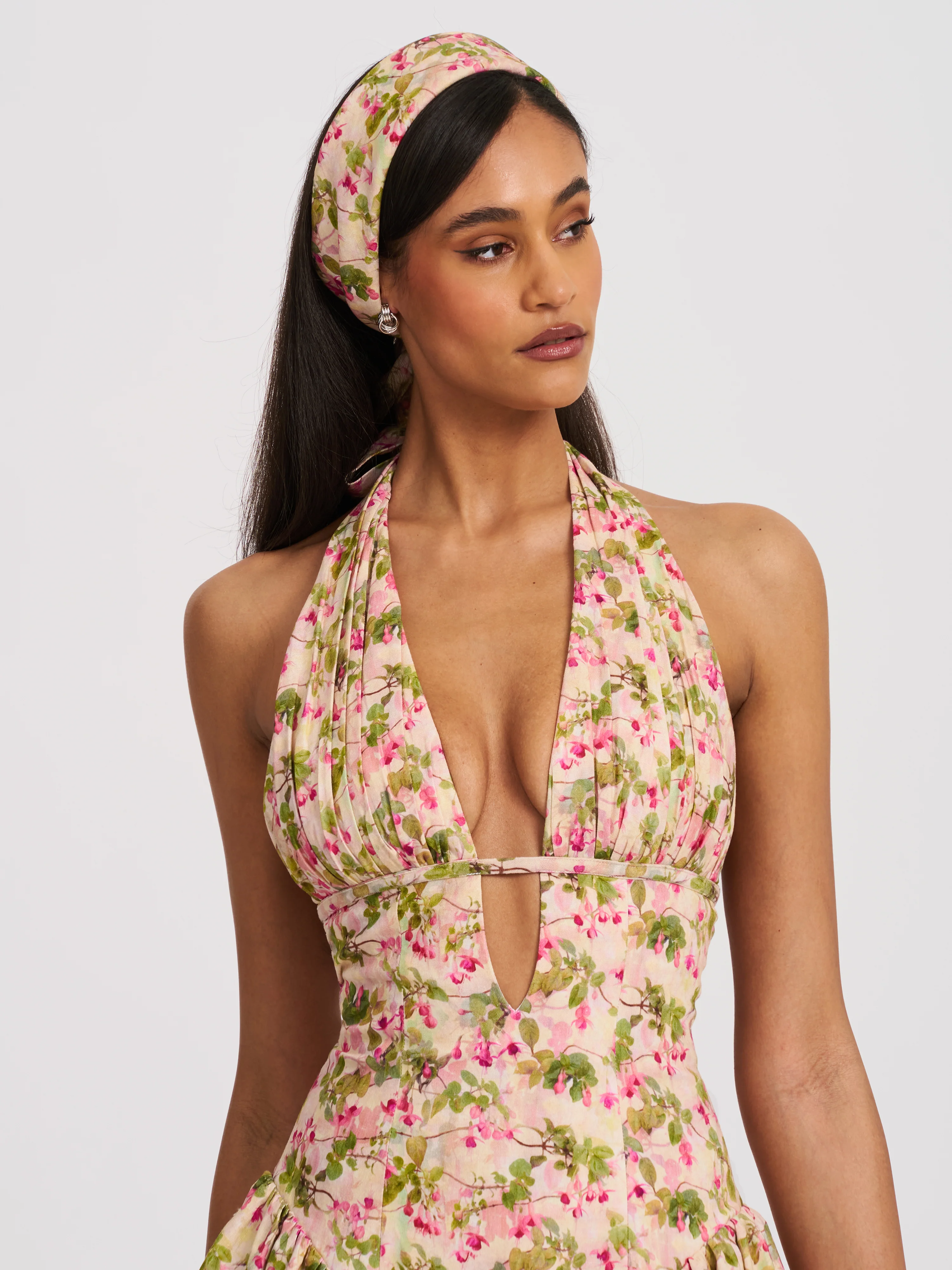 Mackenzie Green and Pink Floral Print Halter Linen Mini Dress