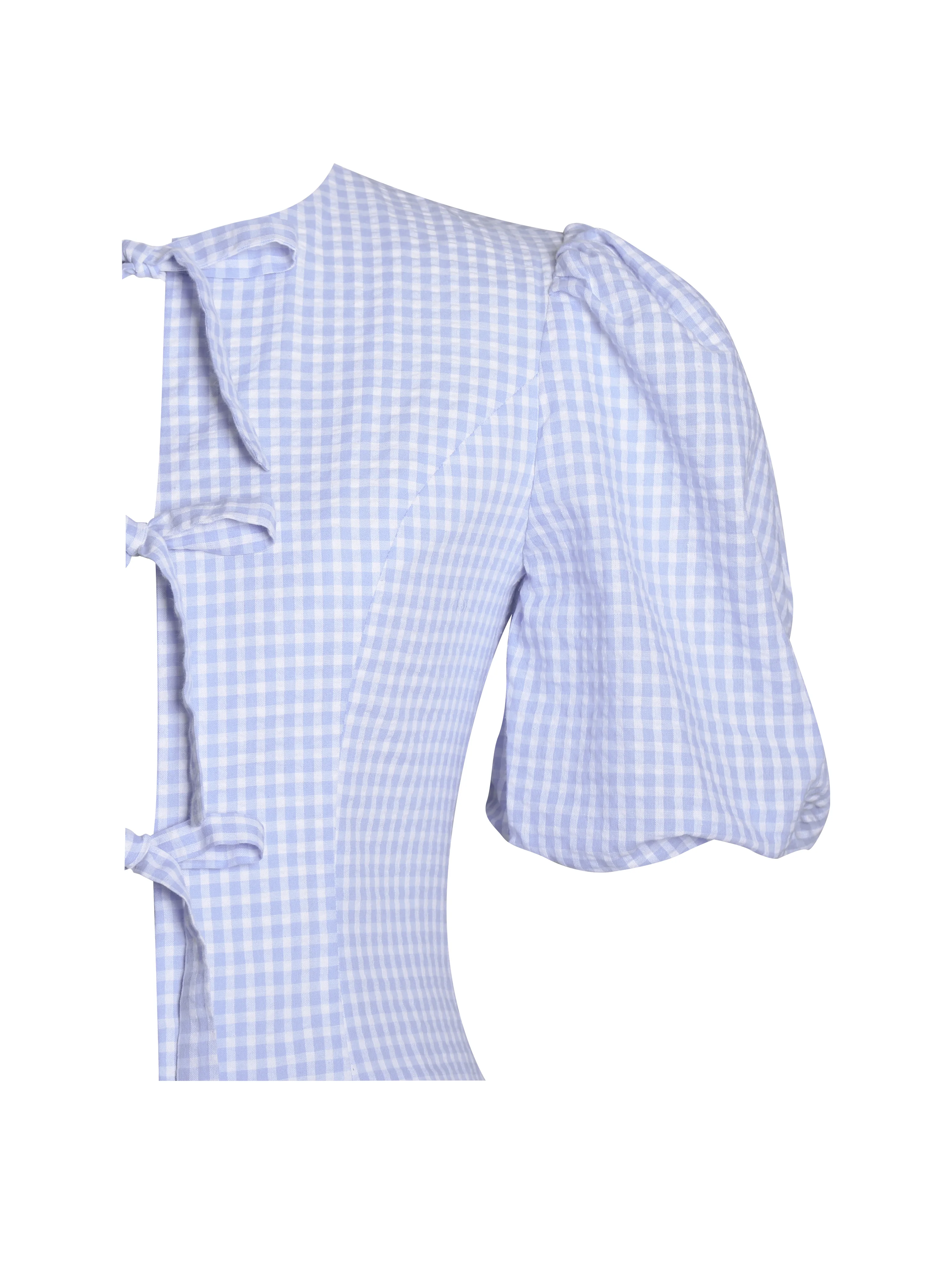 Qusayla Baby Blue Gingham Bubble Sleeve Bowtie Top