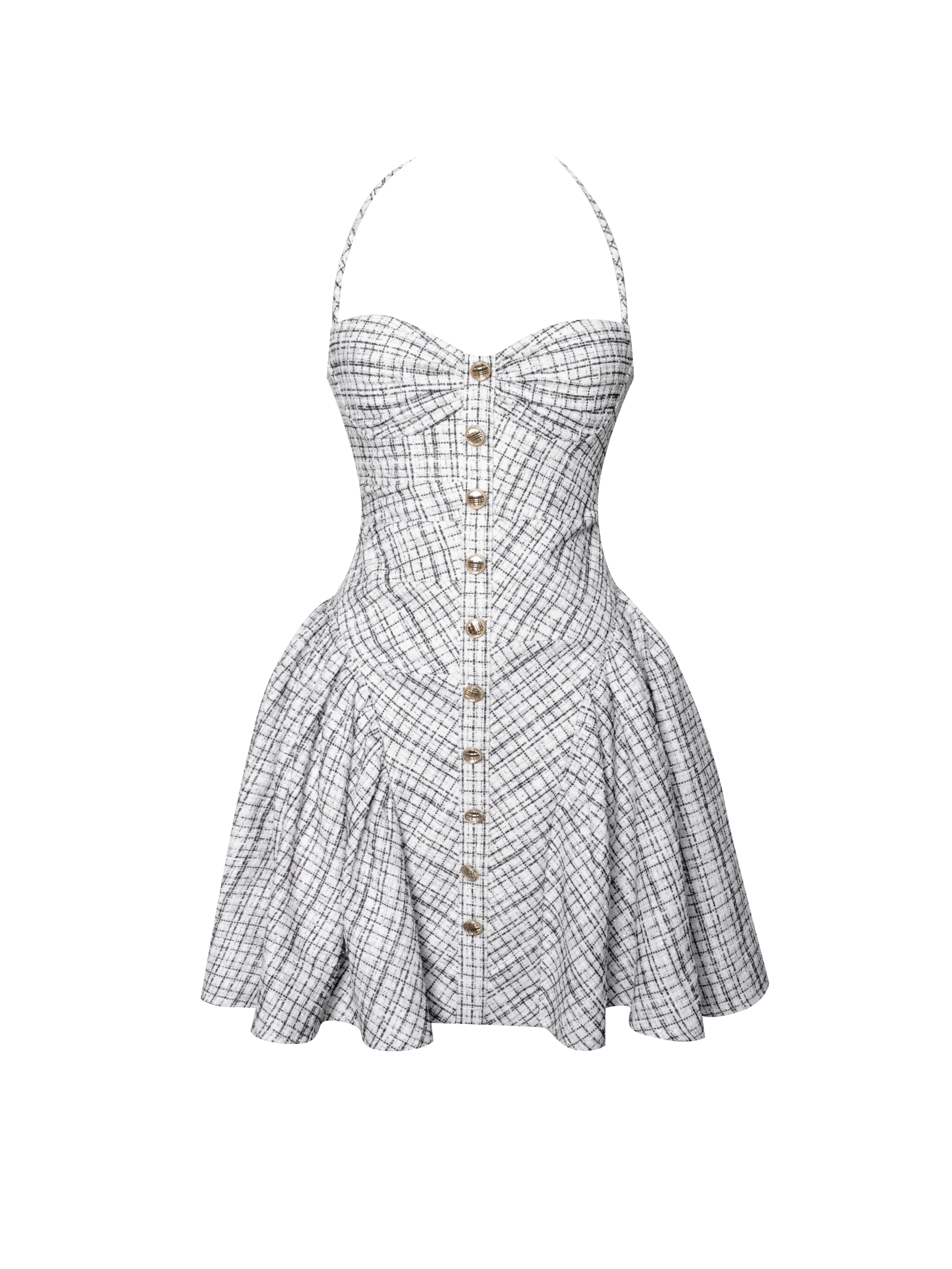 Melody Black and White Plaid Tweed Halter Drop Waist Mini Dress