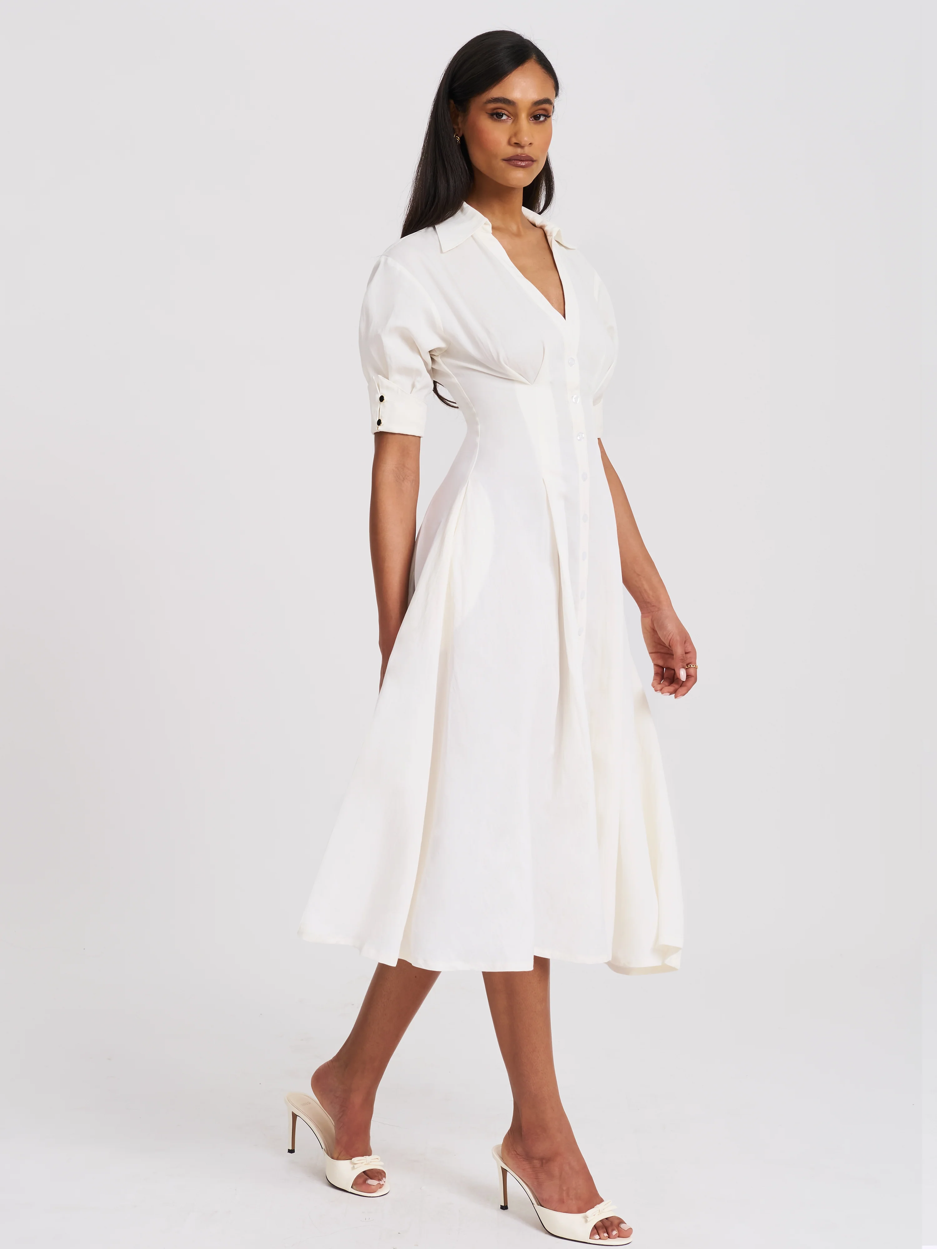 Palina Lyocell Pleated Midi Preppy Shirt Dress