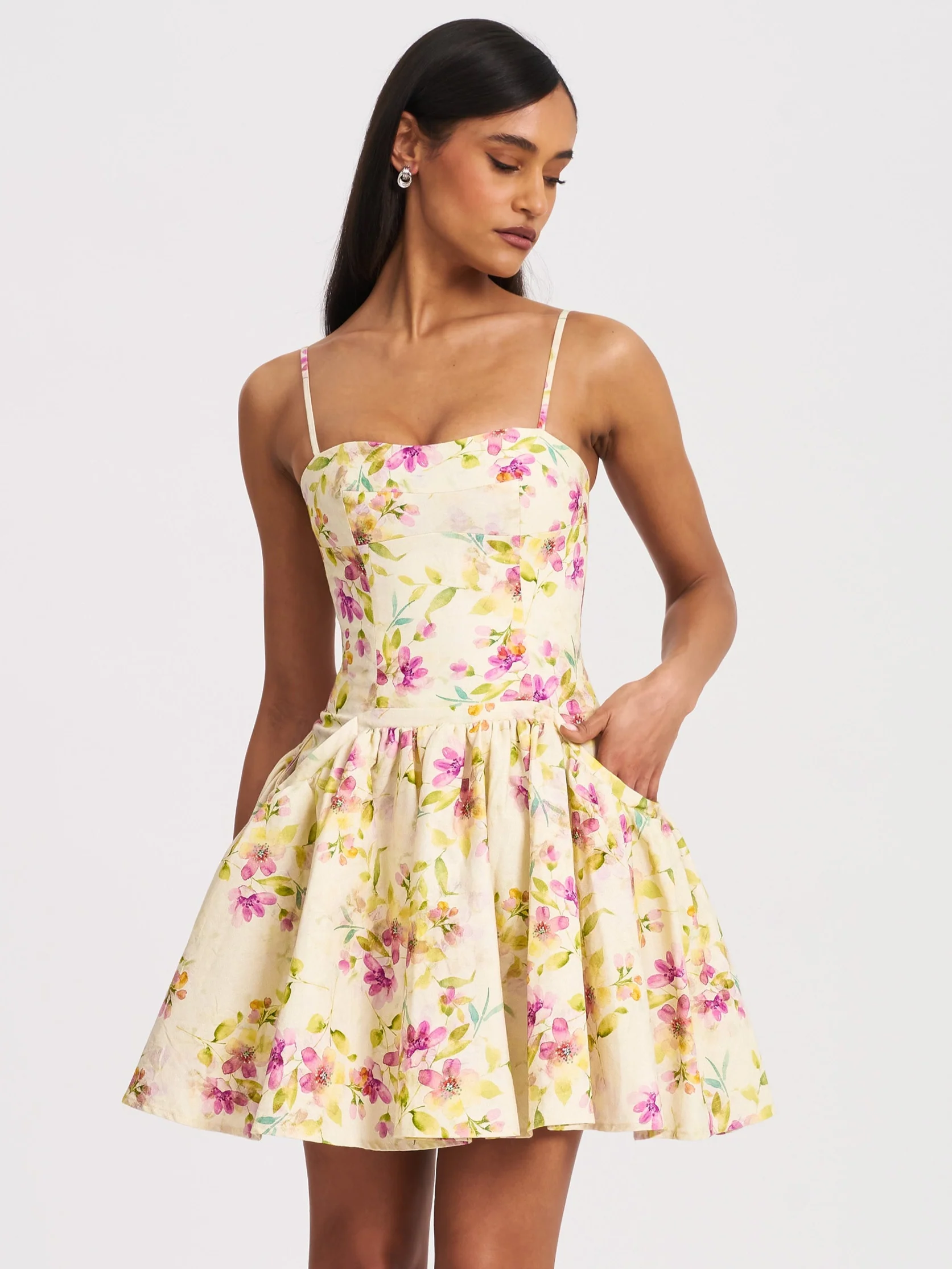 Valda Yellow and Pink Print Linen Mini Dress with Pockets