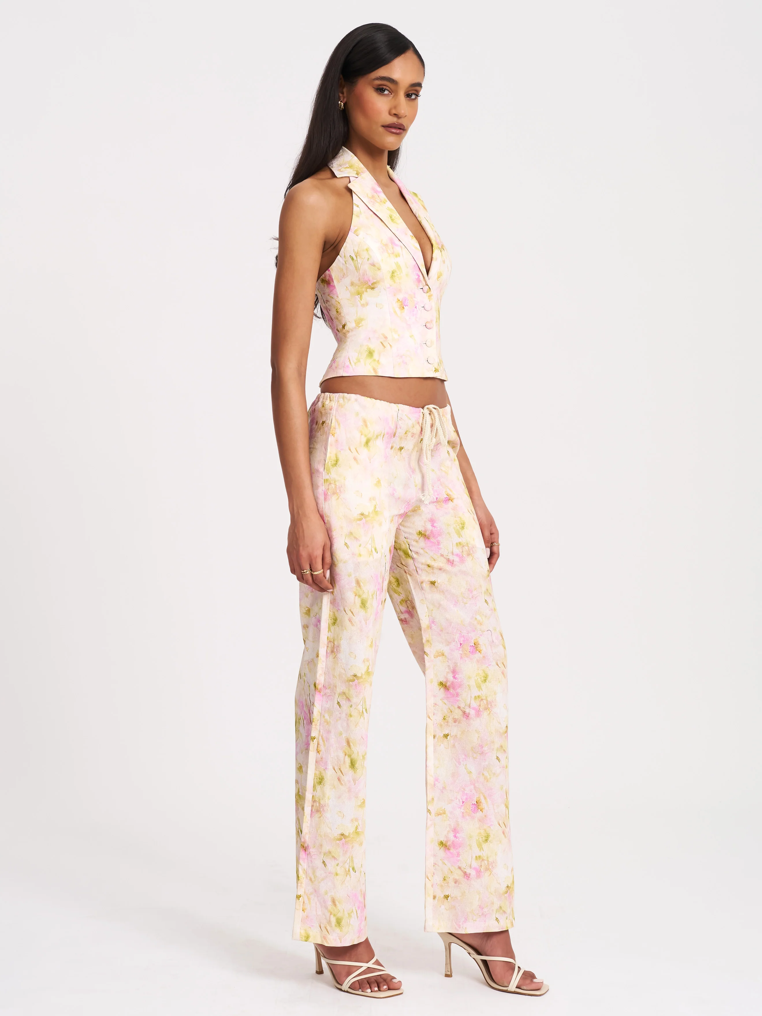 Laureen Pink Floral Print Linen Straight Pants