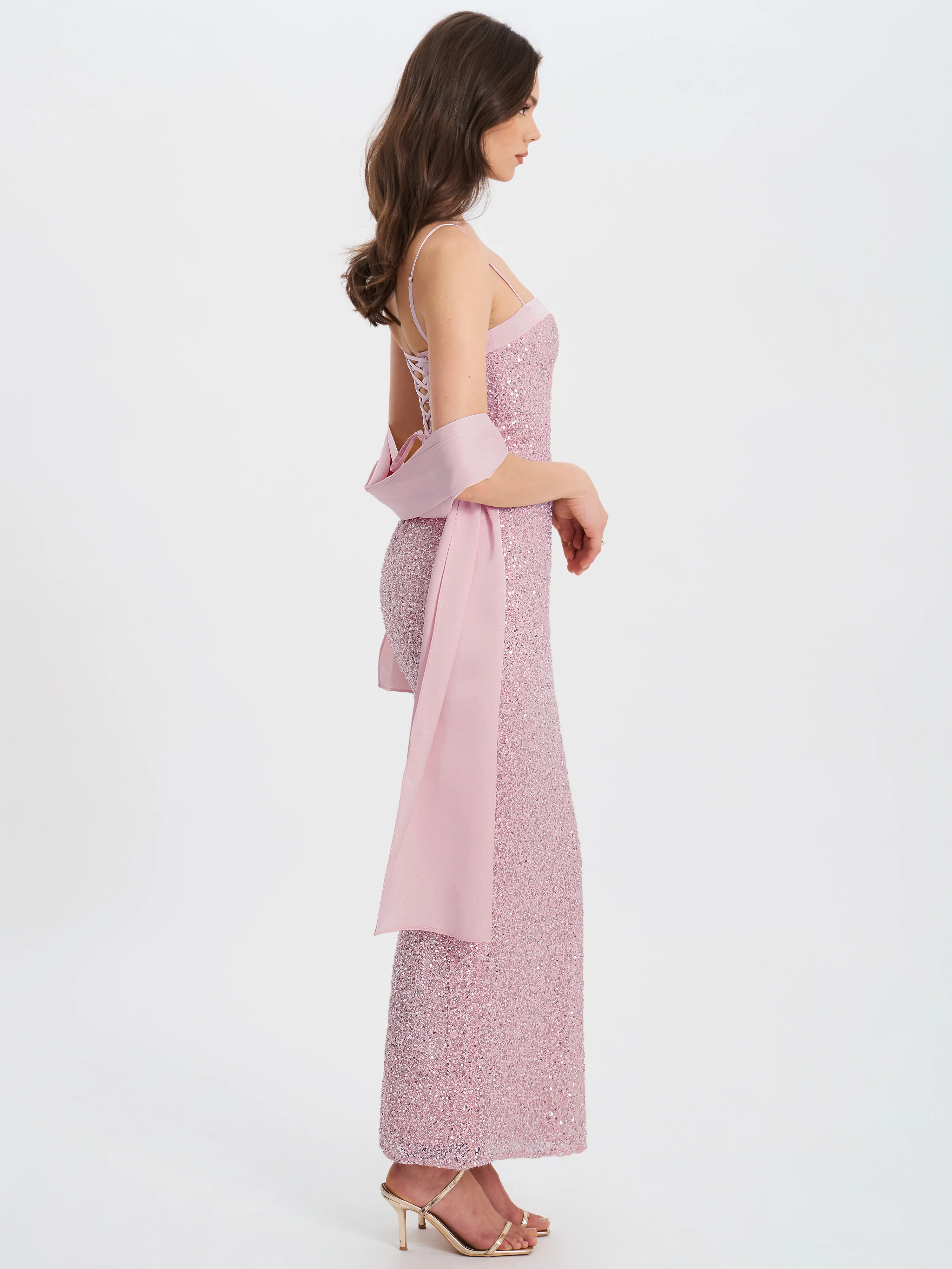 Raizel Pink Beaded Sequin Bodycon Gown with Scarf