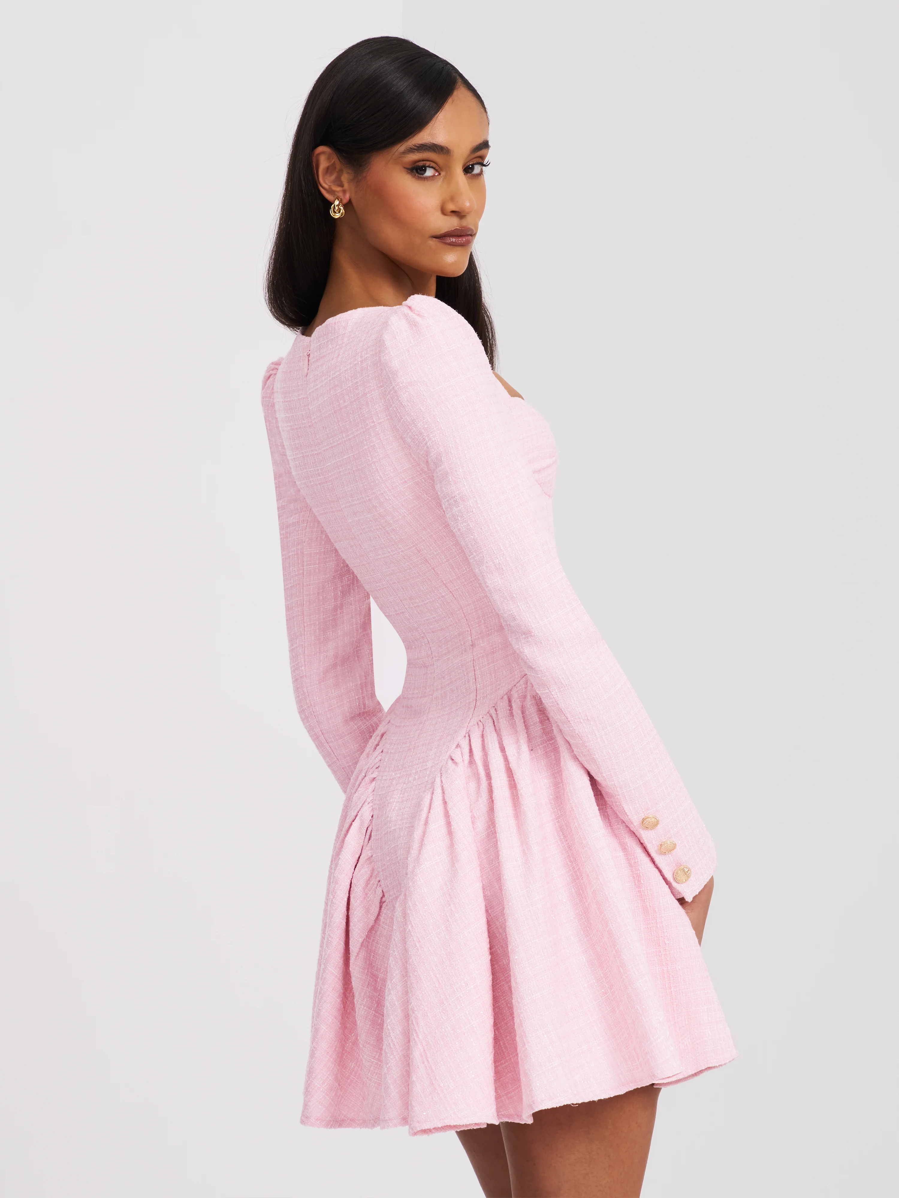 Tae Pink Tweed Long Sleeve Drop Waist Mini Dress