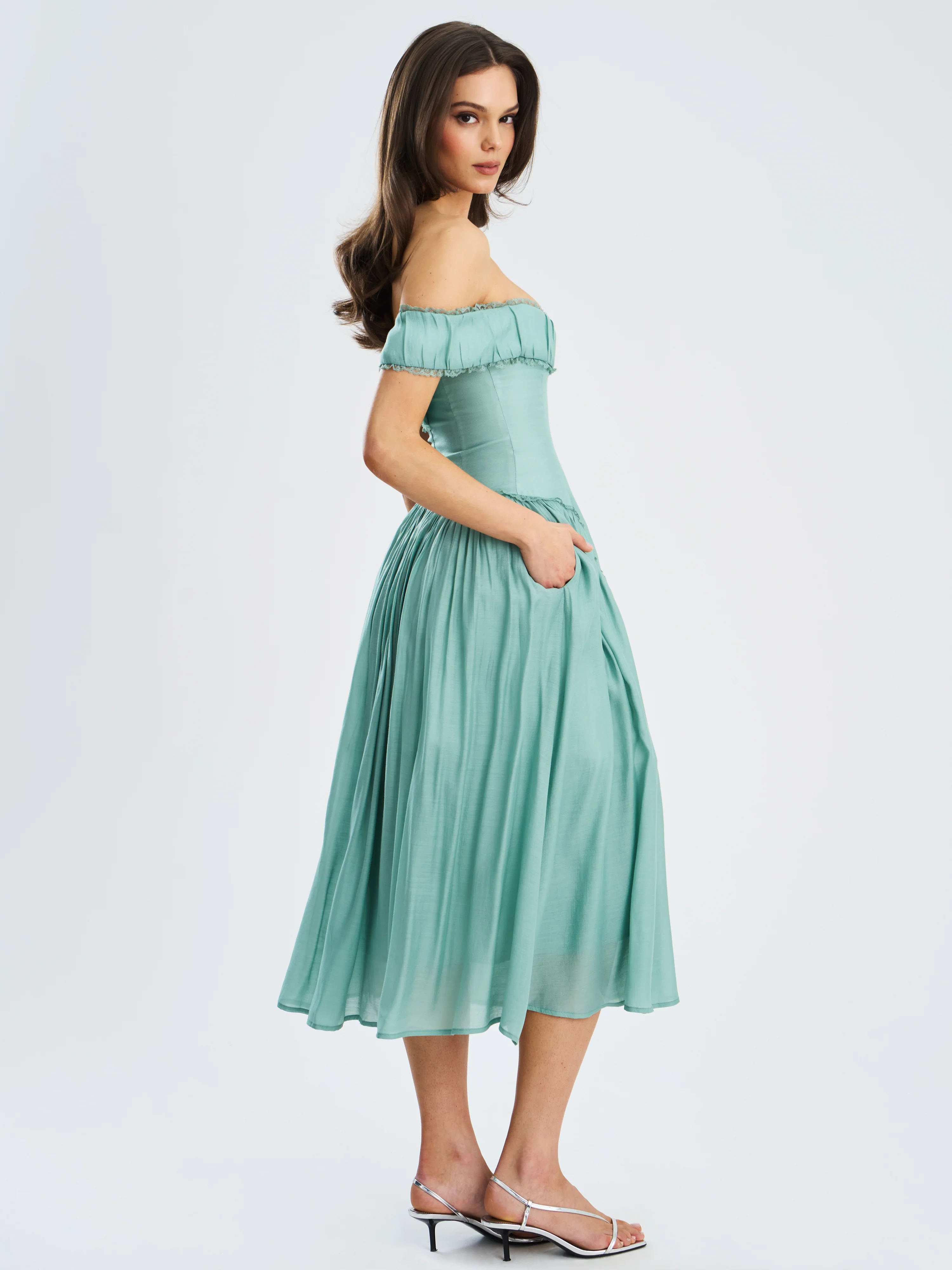 Xavy Teal Green Off Shoulder Corset Midi Dress