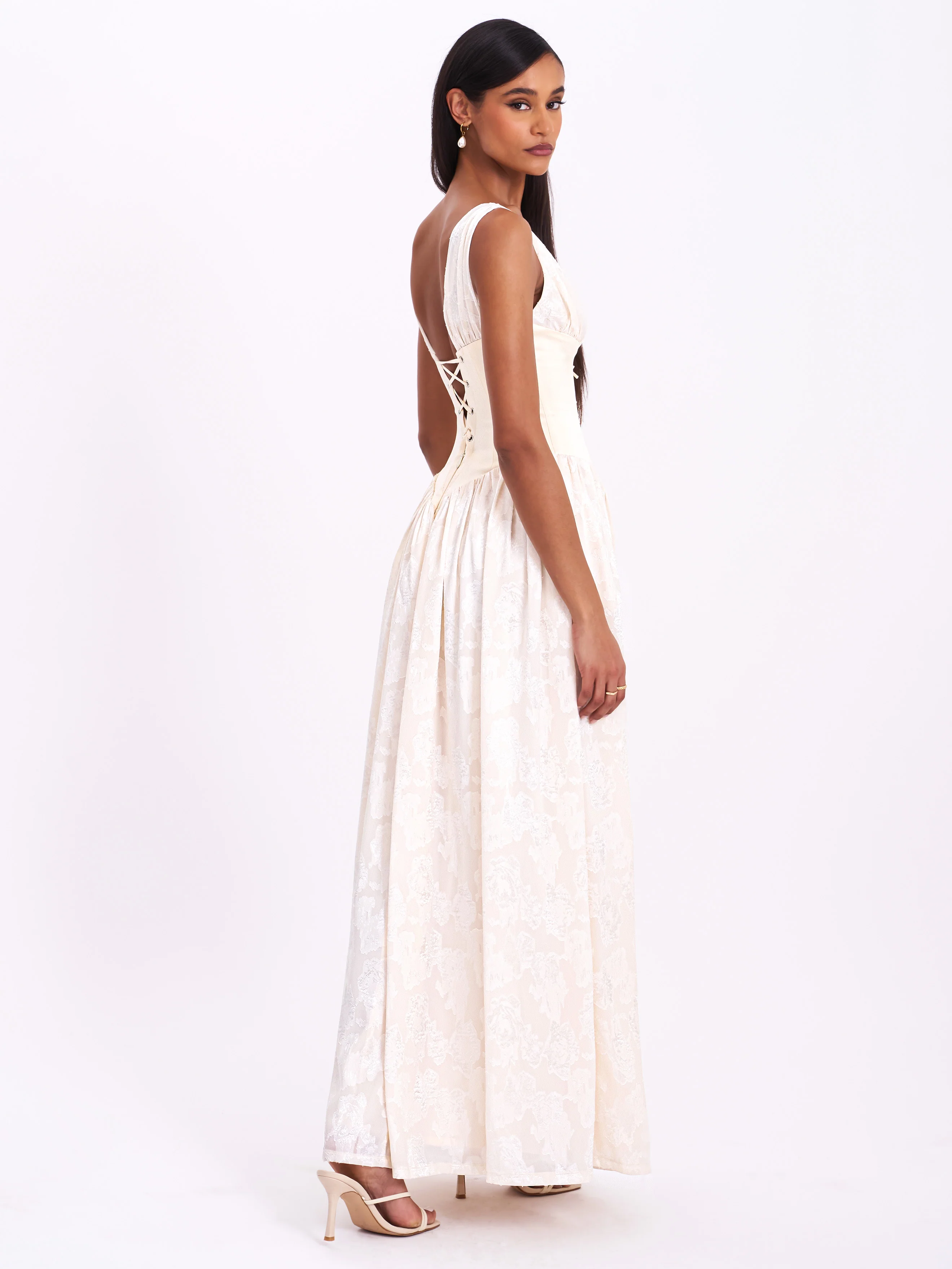 Sabrina Butter Yellow High Slit Jacquard Maxi Dress