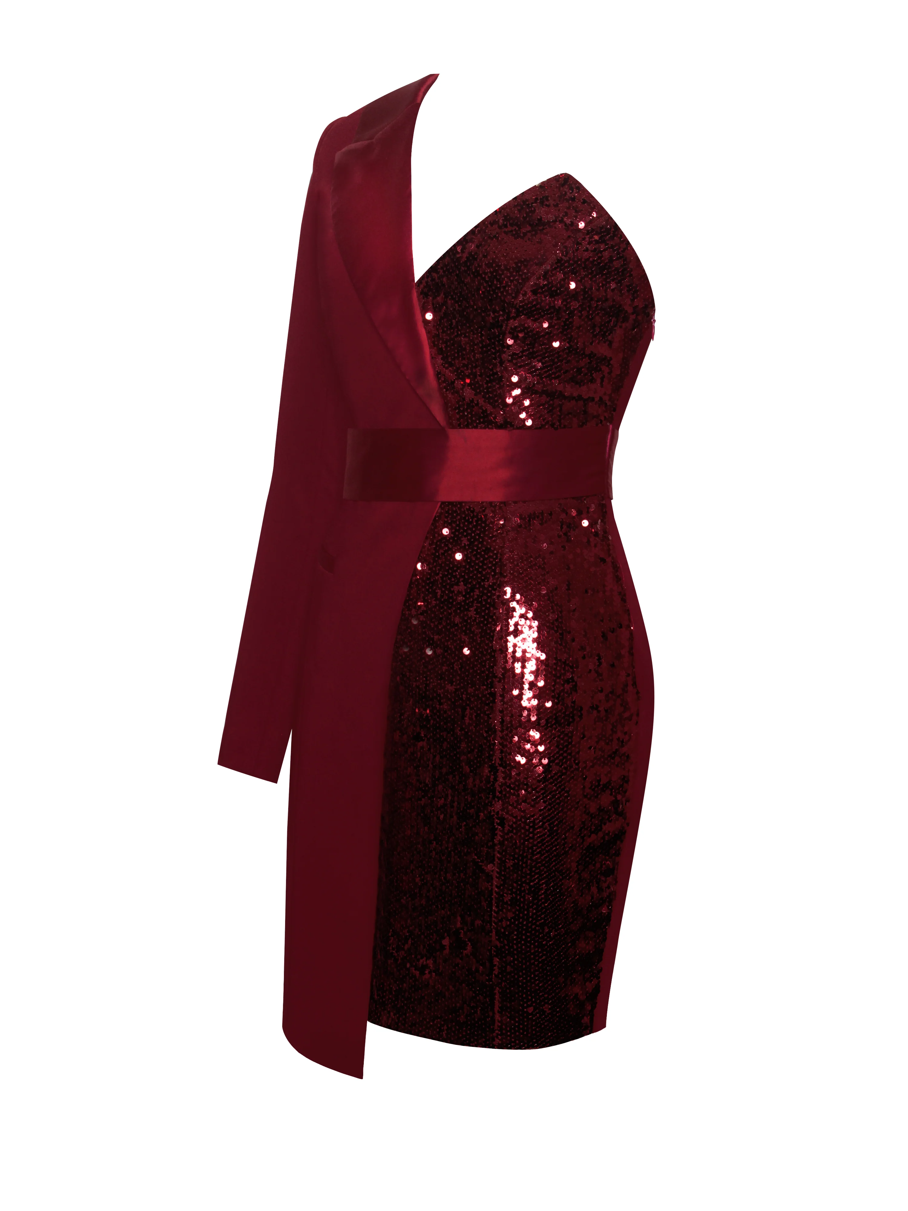 Silver Night Wine Red Sequin Crepe Tuxedo Blazer Dress