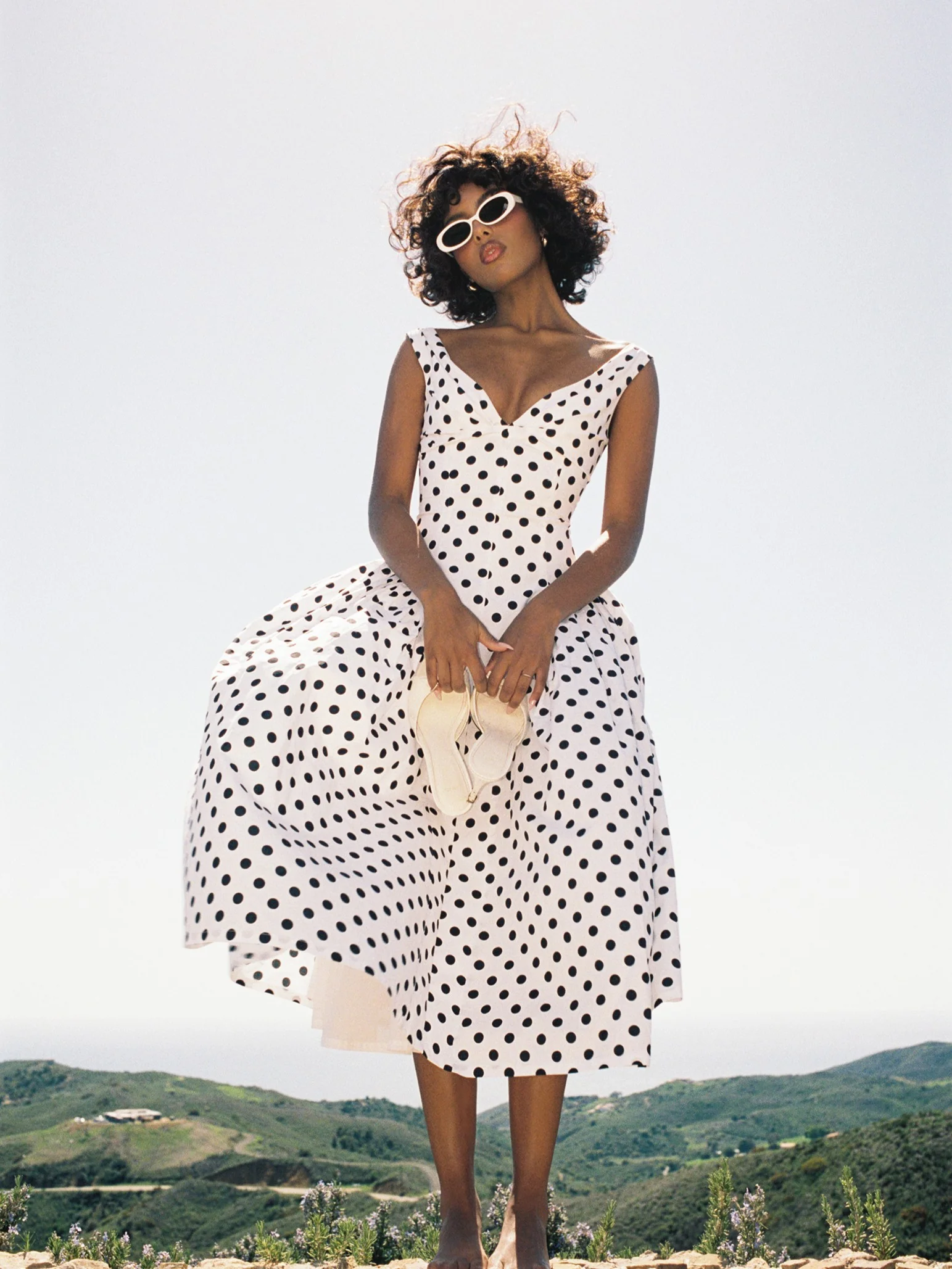 Rahma Polka Dot Drop Waist Midi Cotton Poplin Dress