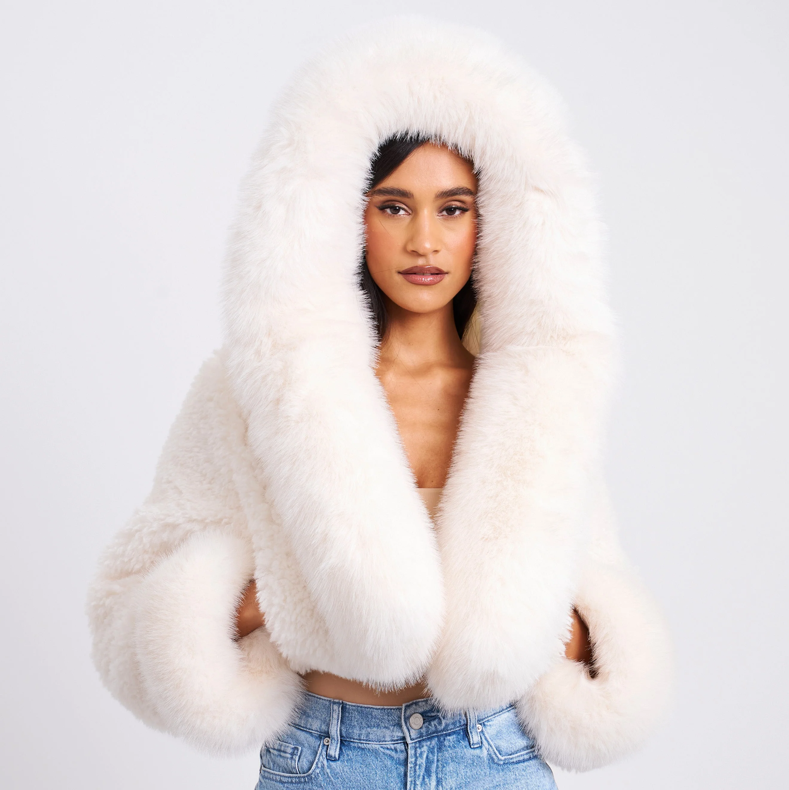 Kali White Cropped Vegan Fur Jacket With Hood