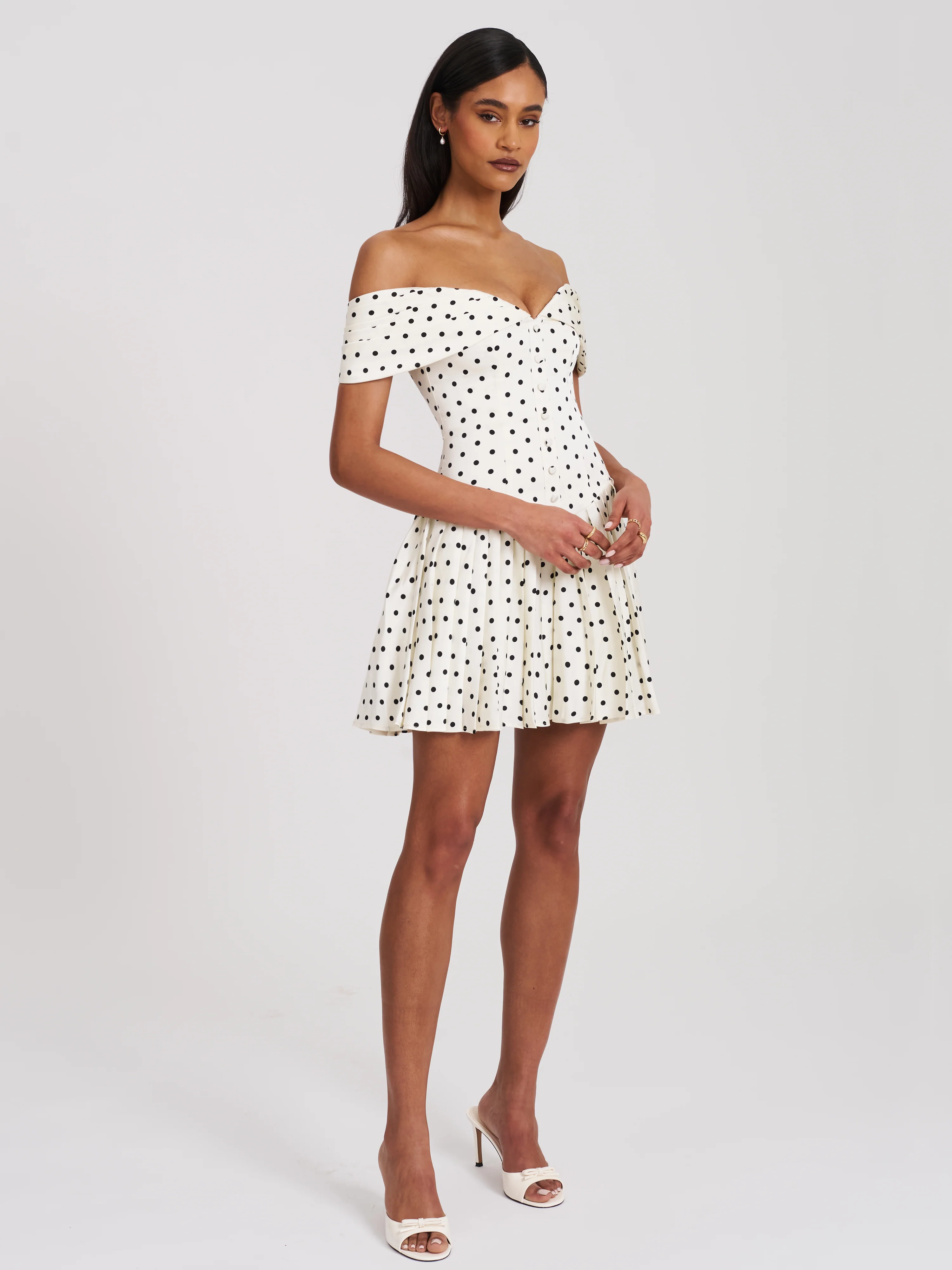 Edeline Polka Dot Off-shoulder Pleated Mini Dress