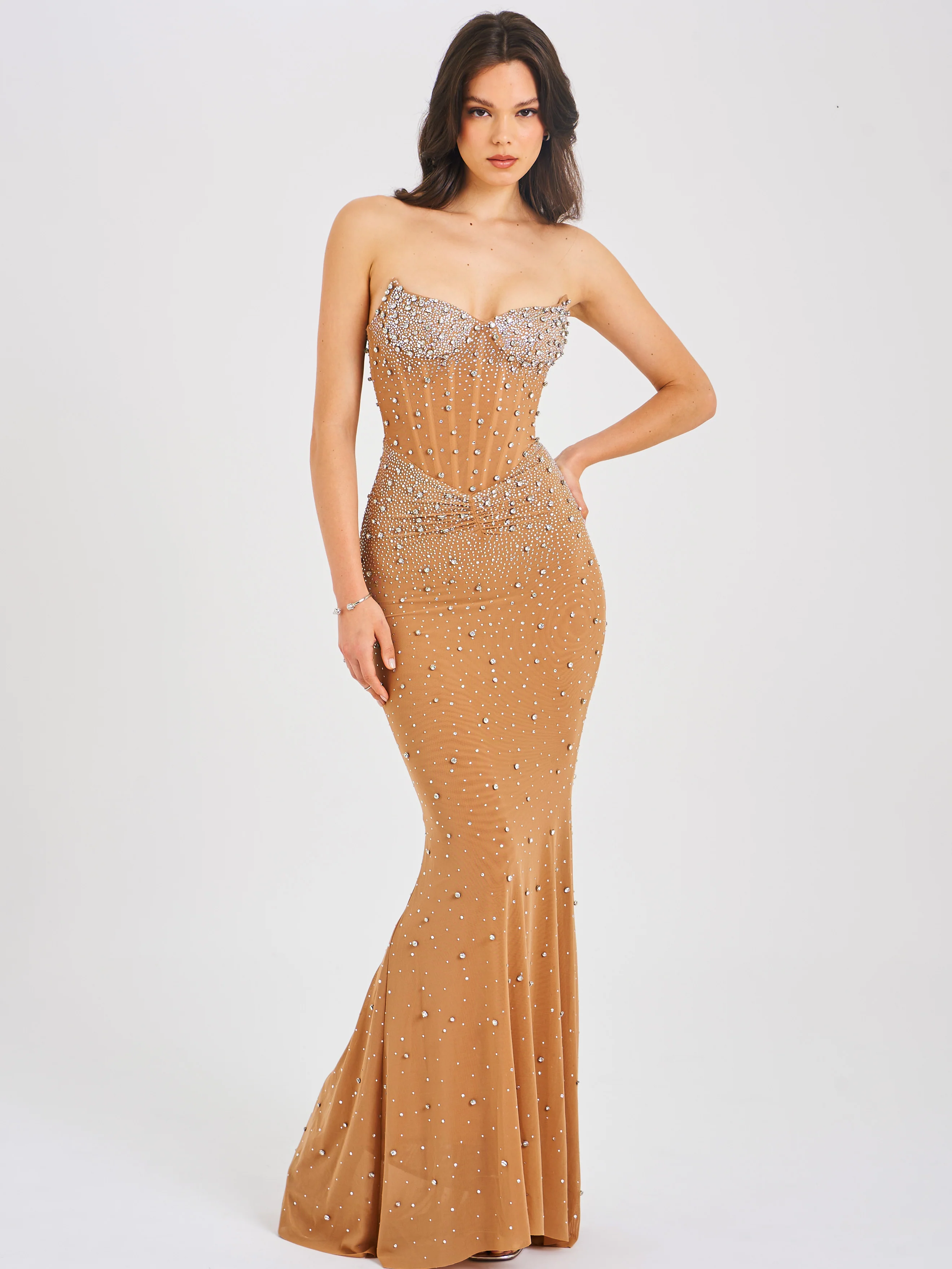 Fatima Nude Crystal Sleeveless Corset Mermaid Maxi Dress