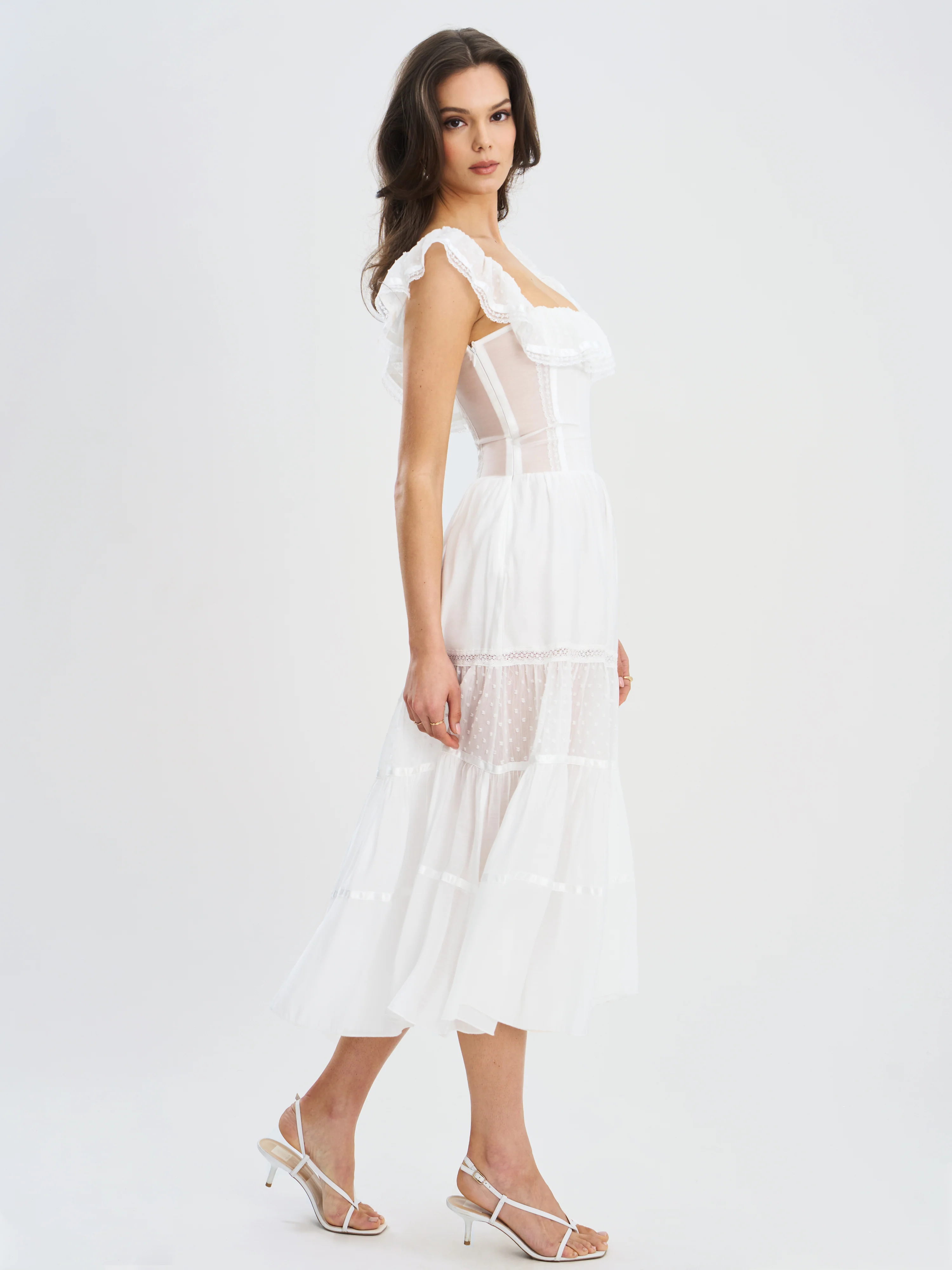 Eden Square Neck Ruffle Trim High Waist Midi Dress