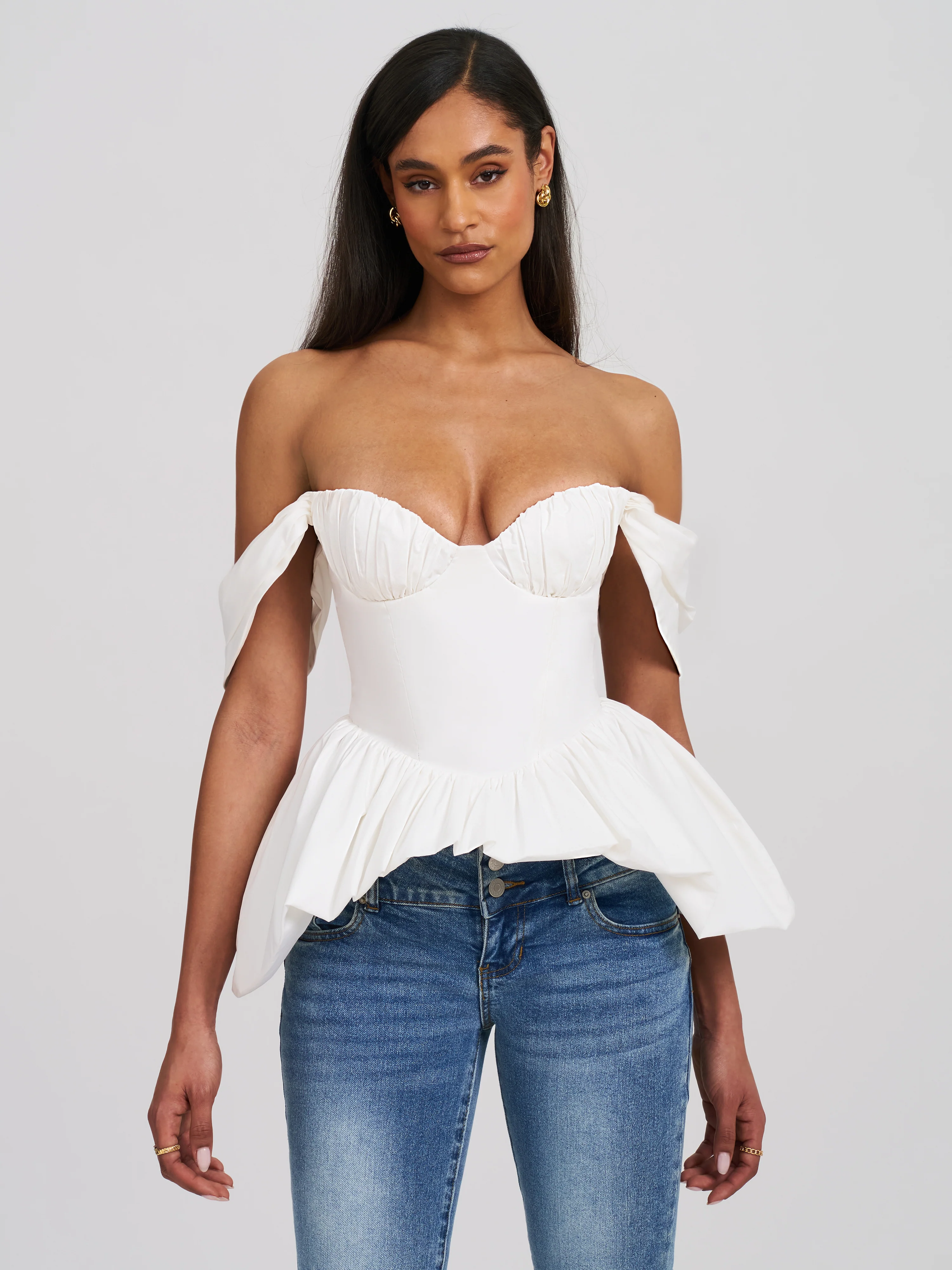 Qistina White Off-shoulder Bubble Hem Peplum Cotton Top