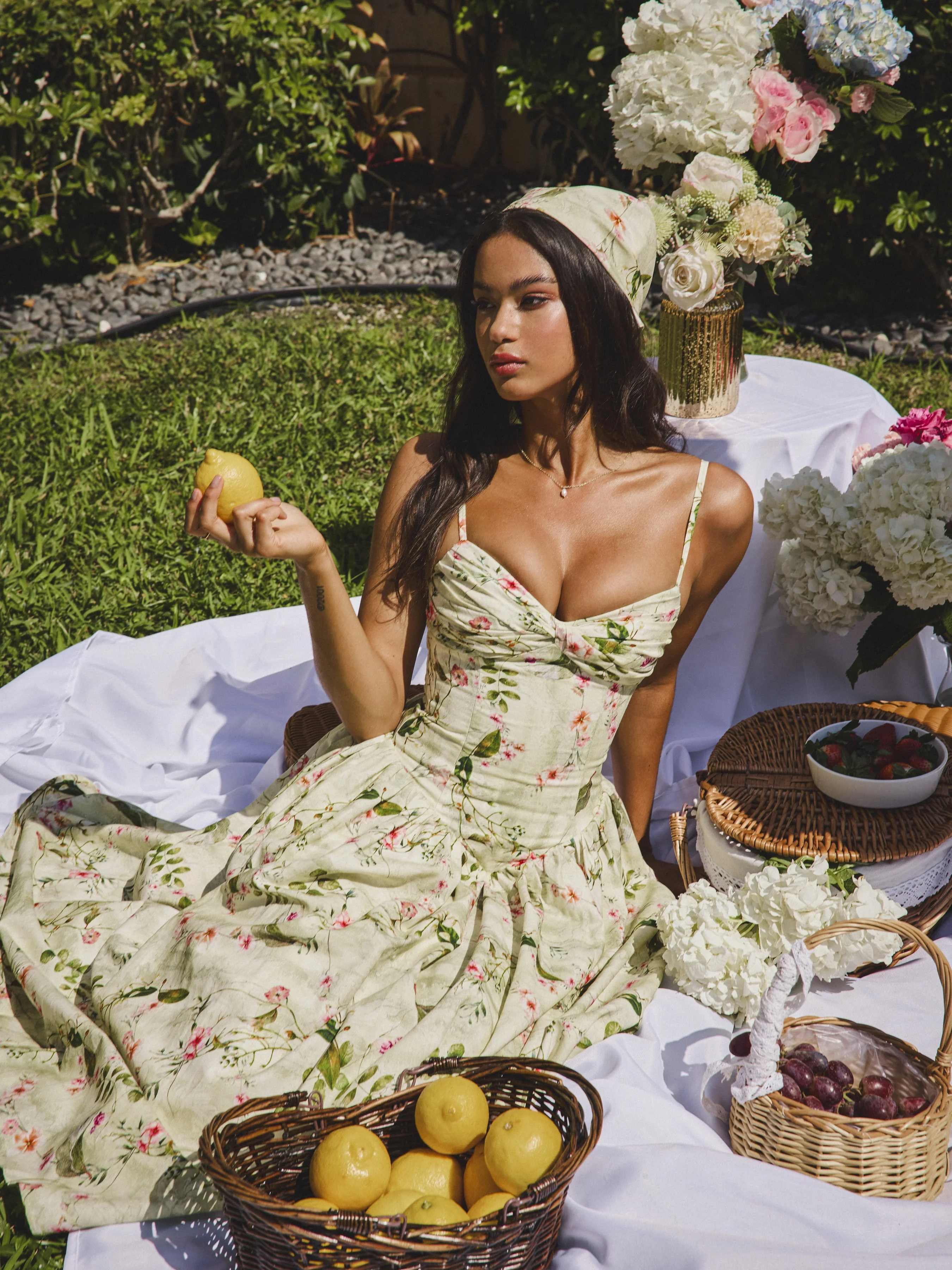 Jacinda Green Floral Print Ruched Breast Linen Midi Dress