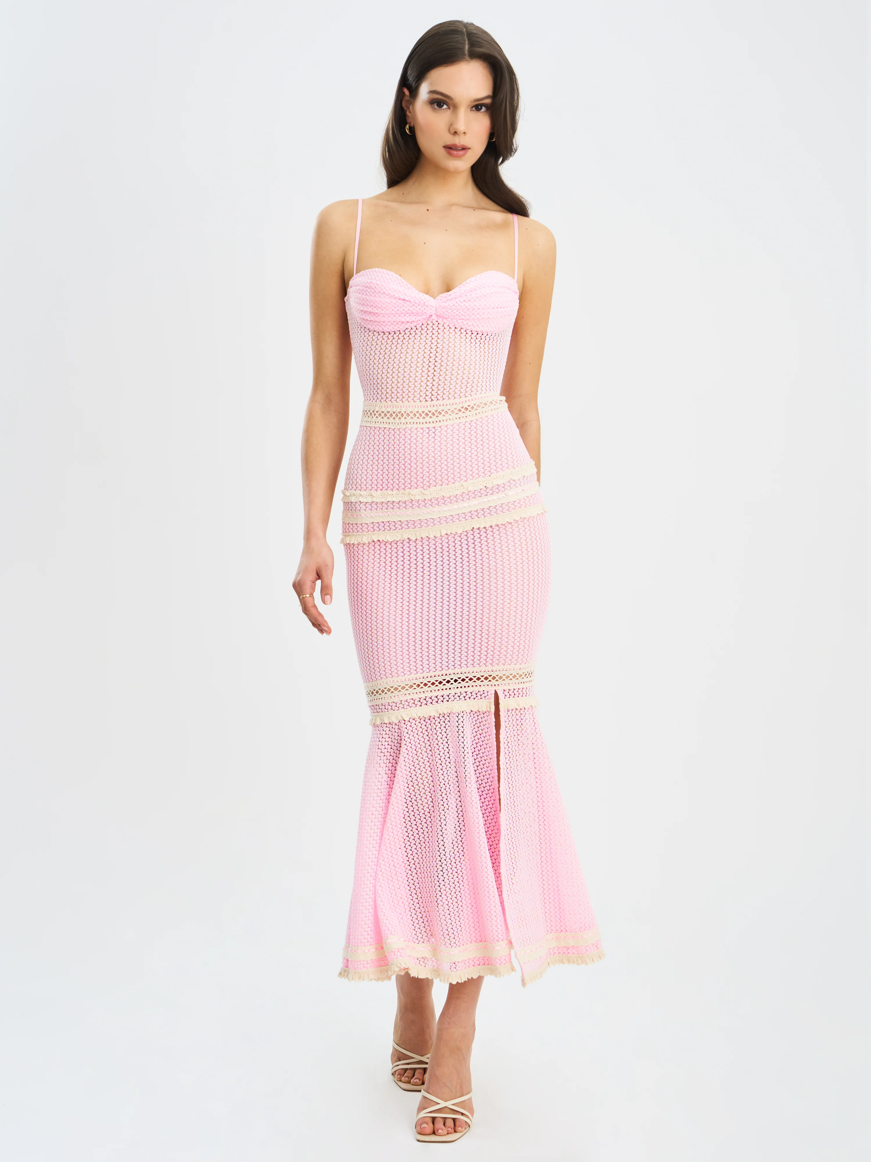 Pallas Pink Lace Trim Crochet Mermaid Maxi Dress