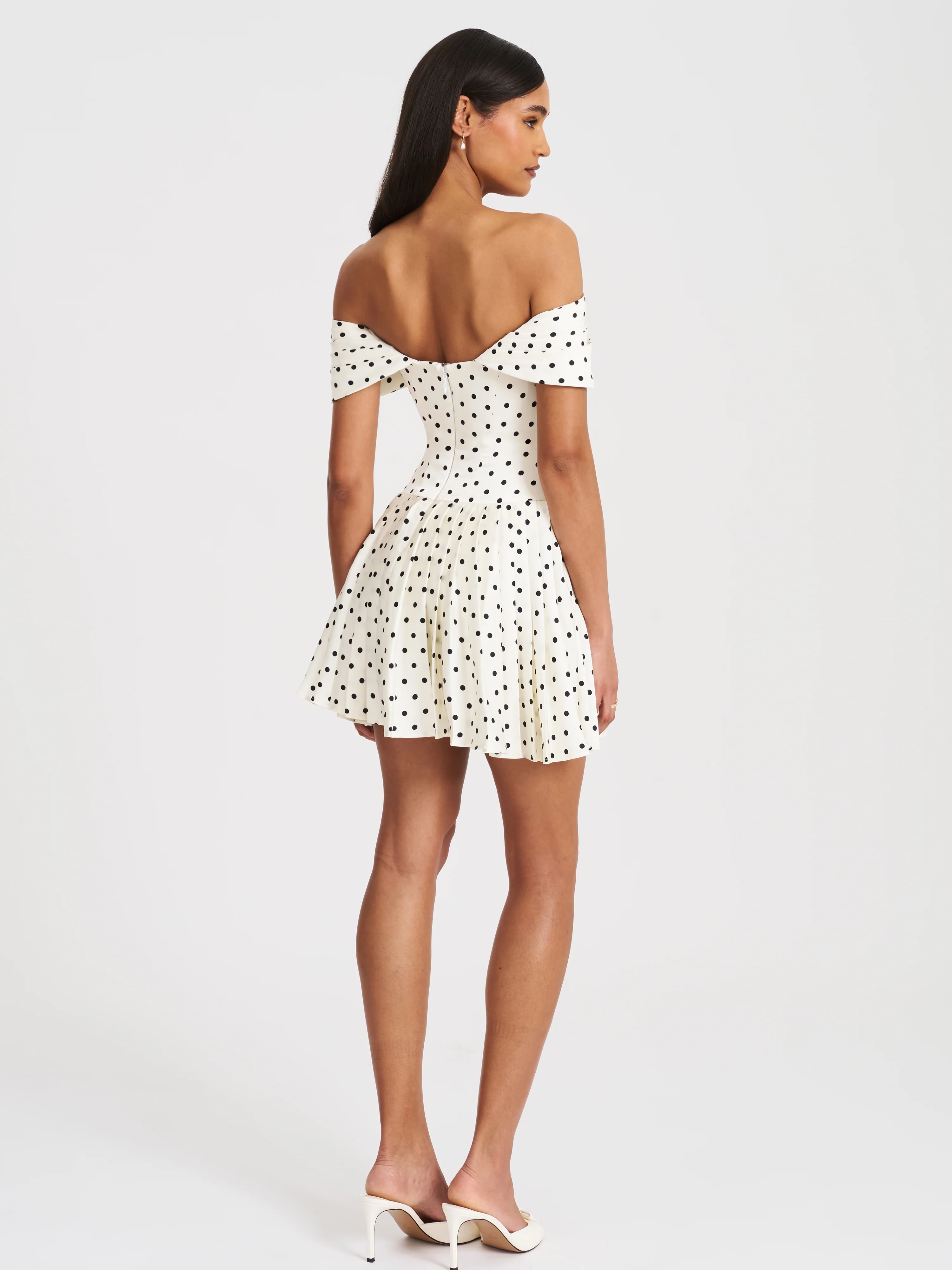 Edeline Polka Dot Off-shoulder Pleated Mini Dress
