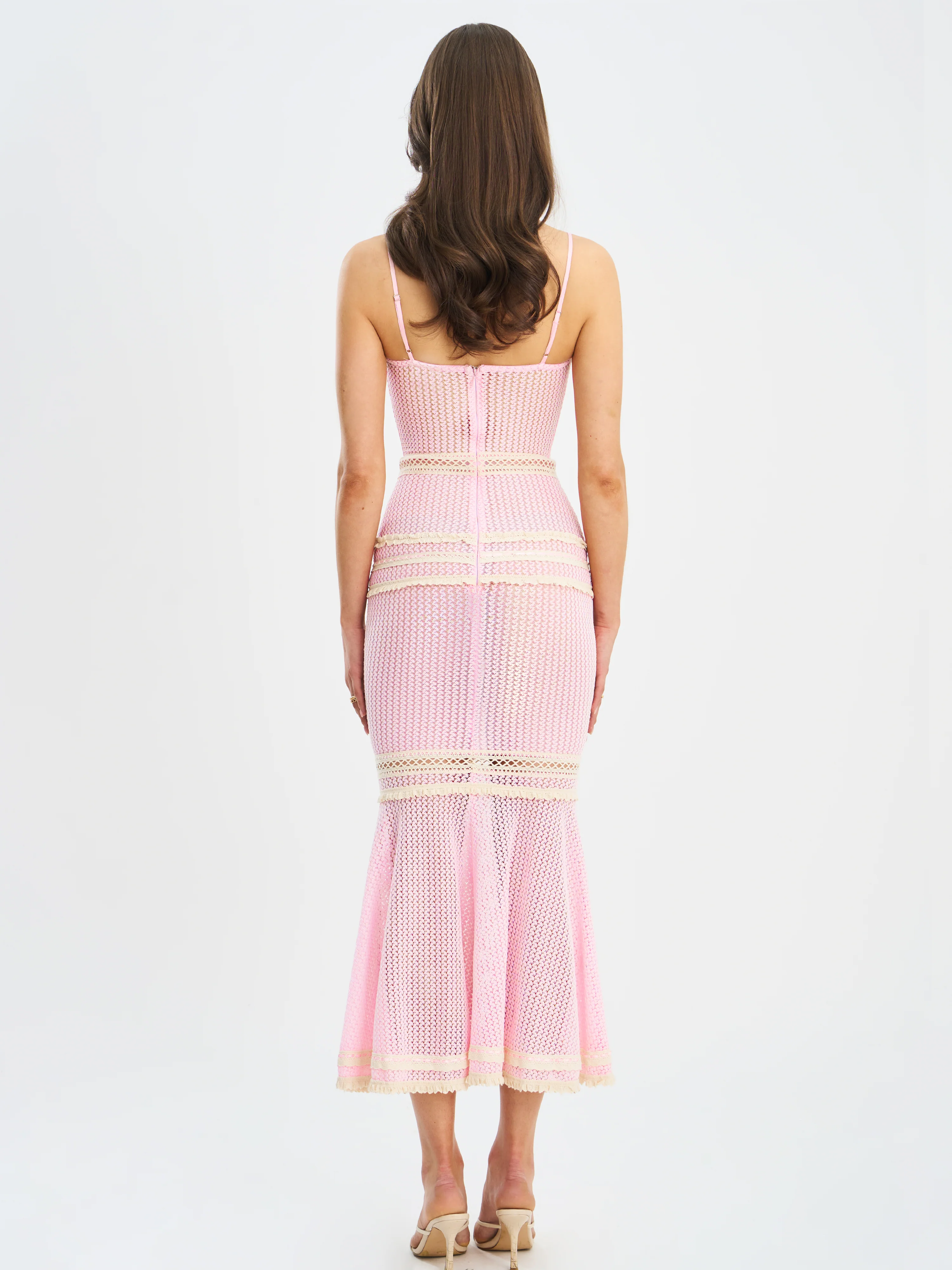Pallas Pink Lace Trim Crochet Mermaid Maxi Dress