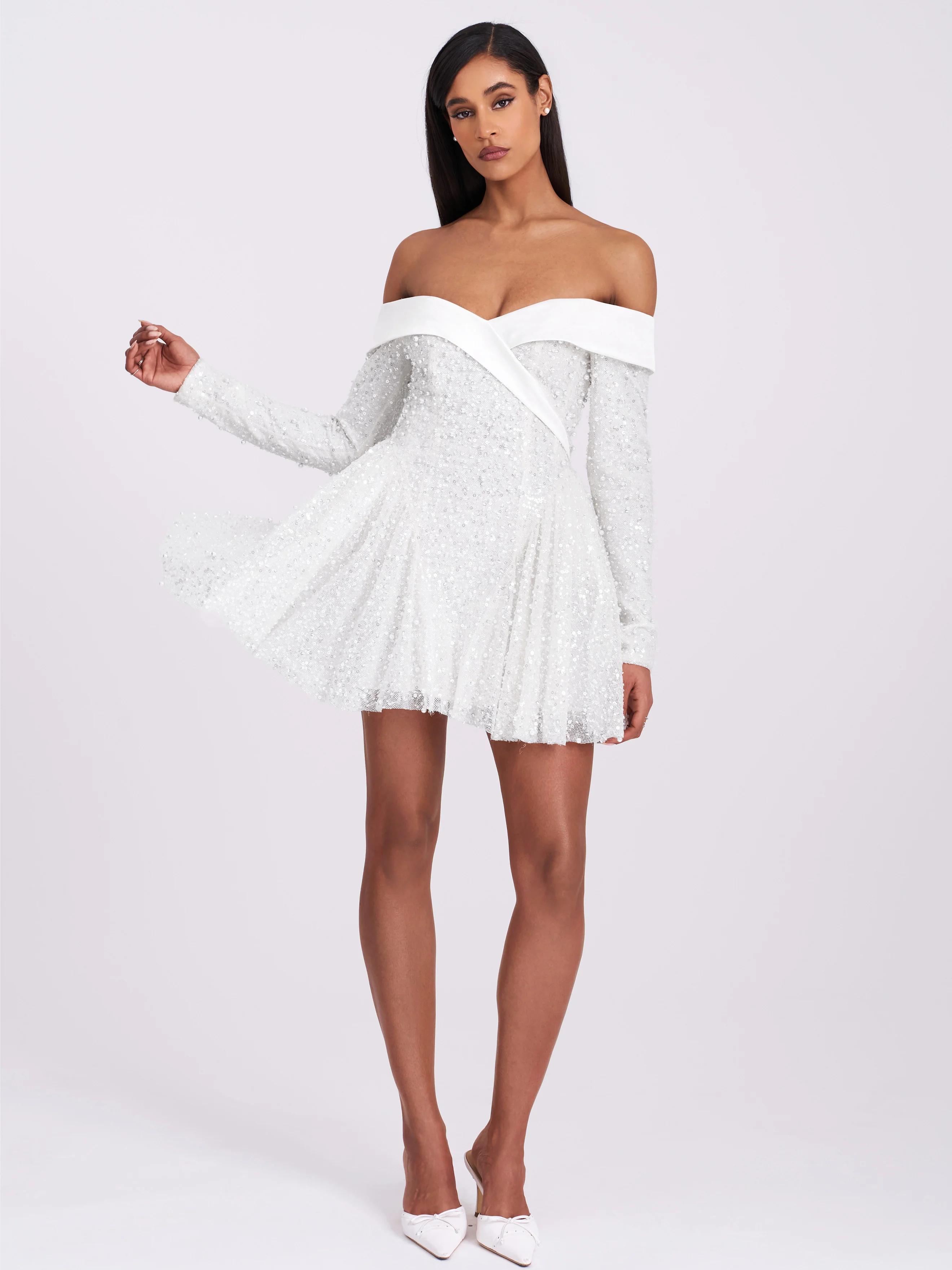 Kira Bead Embroidered Mesh Off Shoulder Long Sleeve Mini Dress