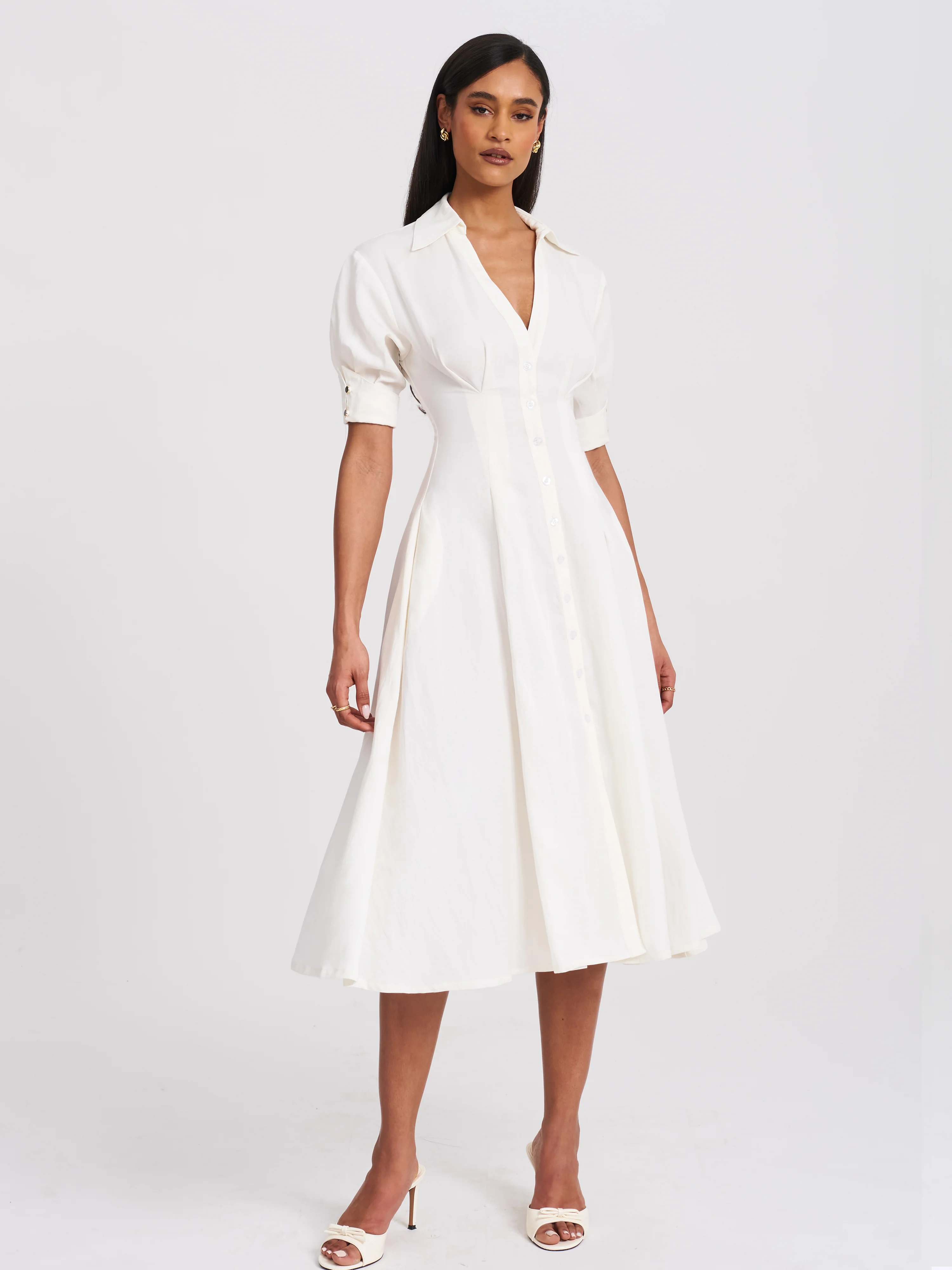 Palina Lyocell Pleated Midi Preppy Shirt Dress