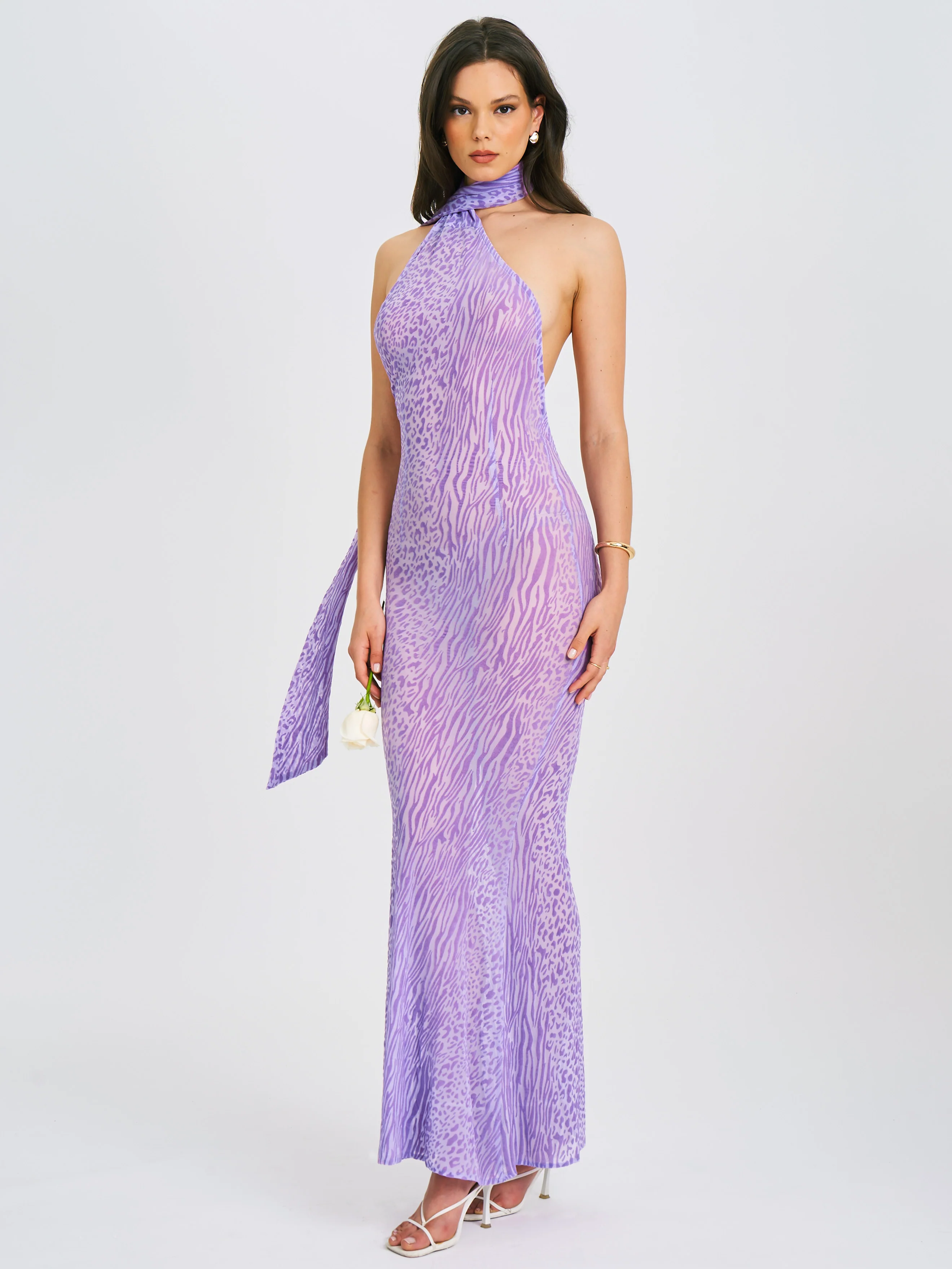 Olena Purple Burnout Velvet Animal Print Mesh Halter Neck Maxi Dress