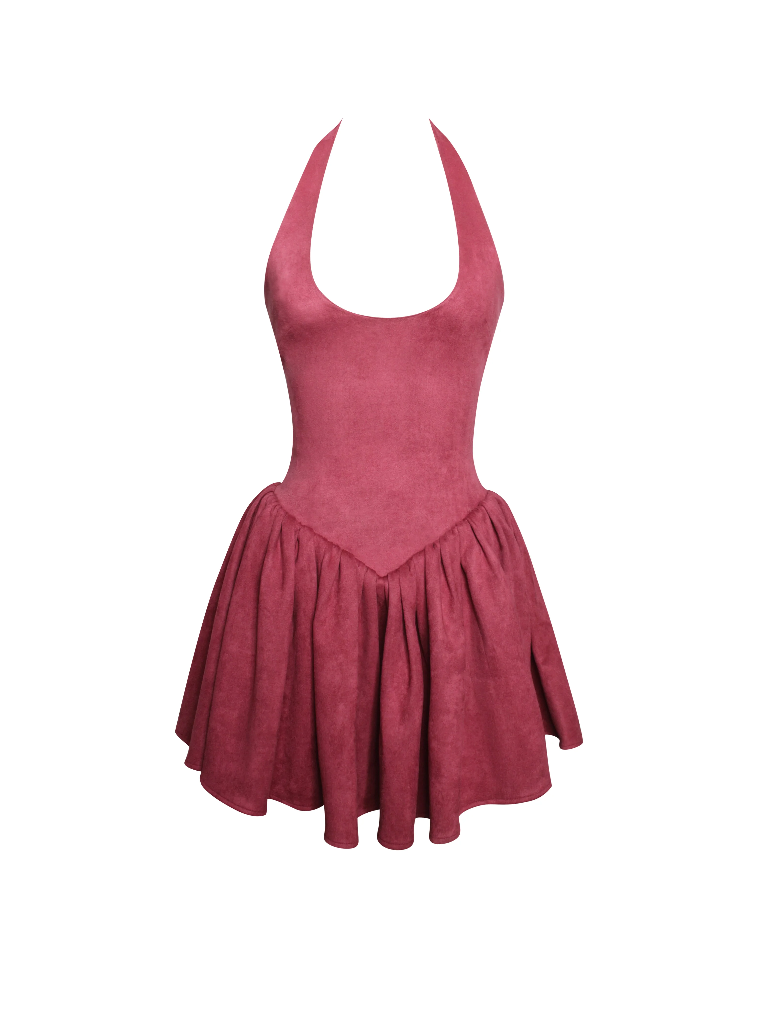 Hadara Burgundy Suede Halter Mini Full Dress