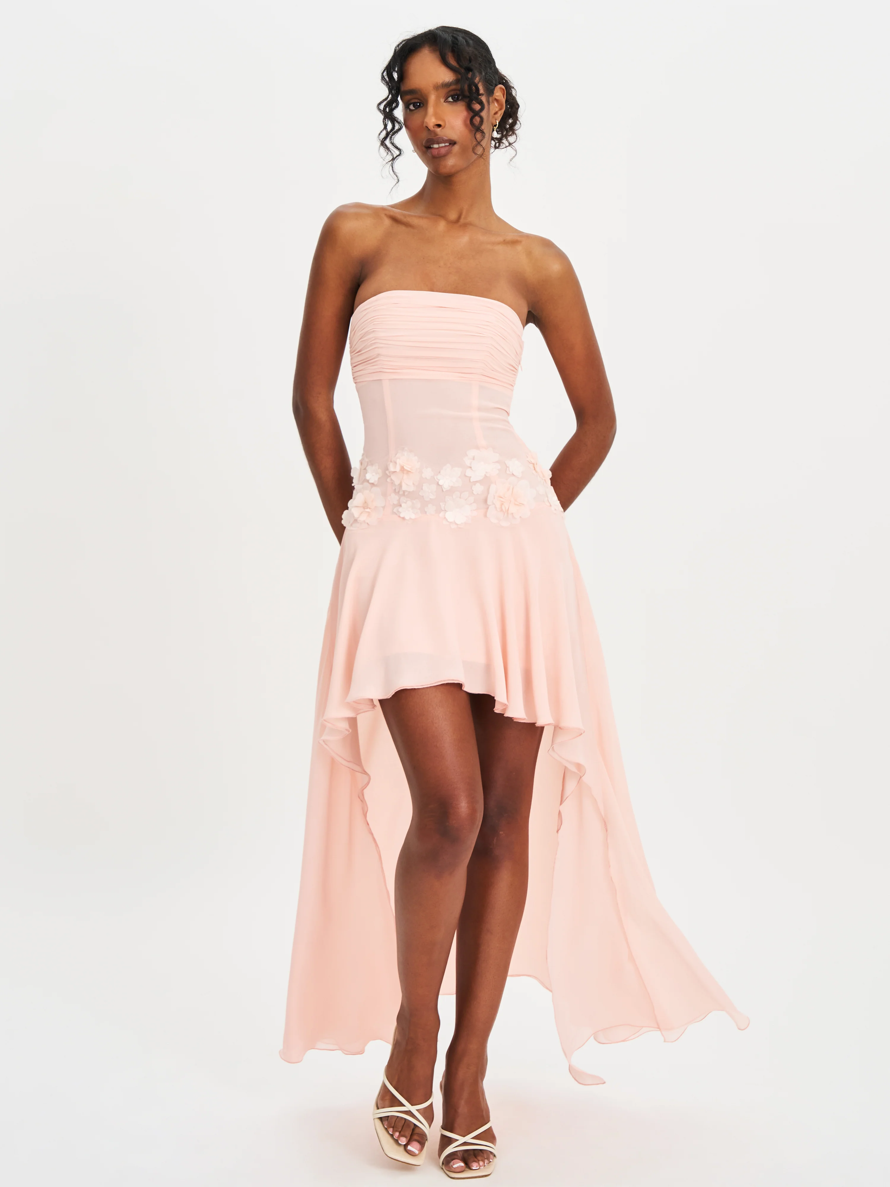 Mae Pink Ruched Breast Appliqué Trim Trailing Dress