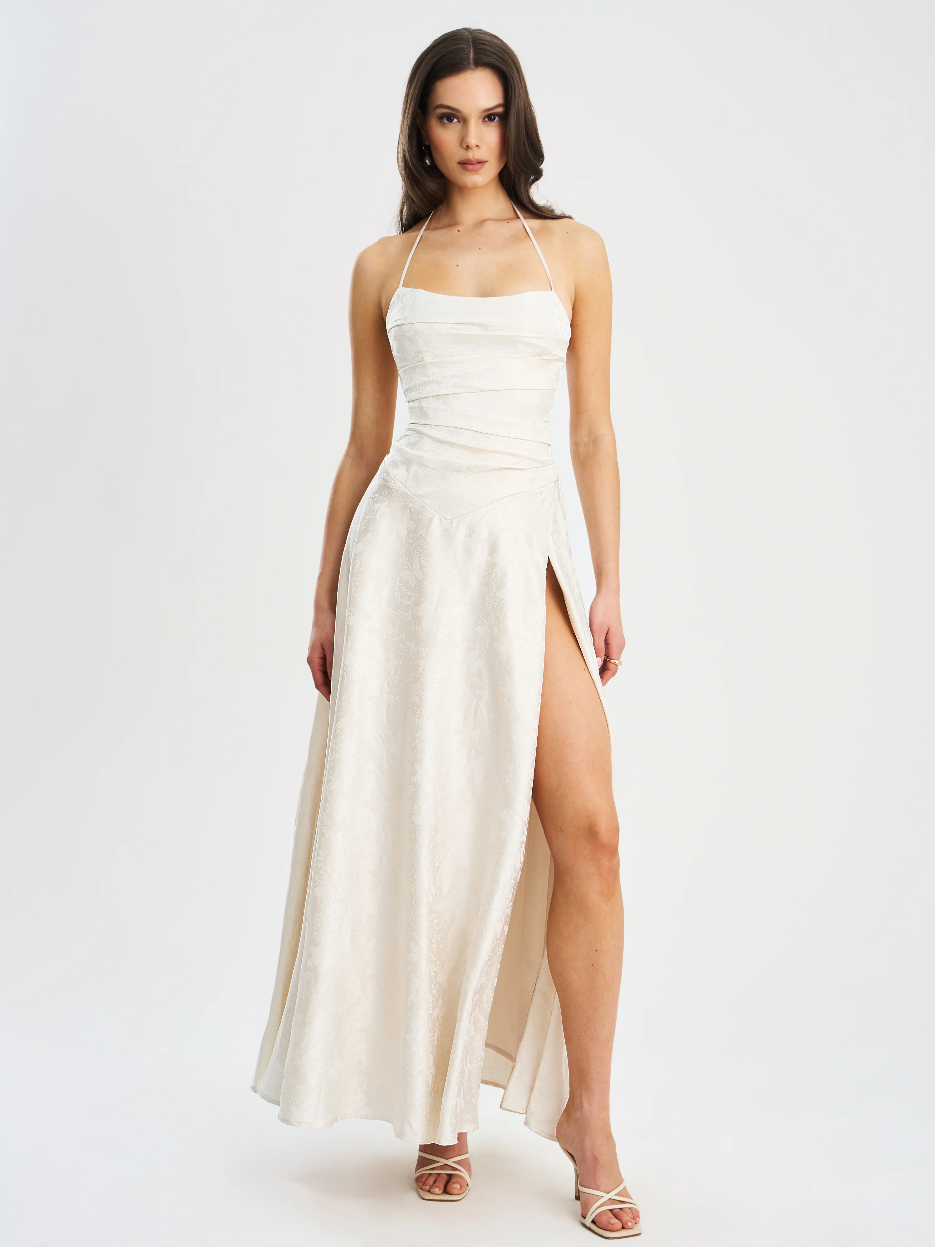 Raegan Pearl White Jacquard Rouched Maxi Dress