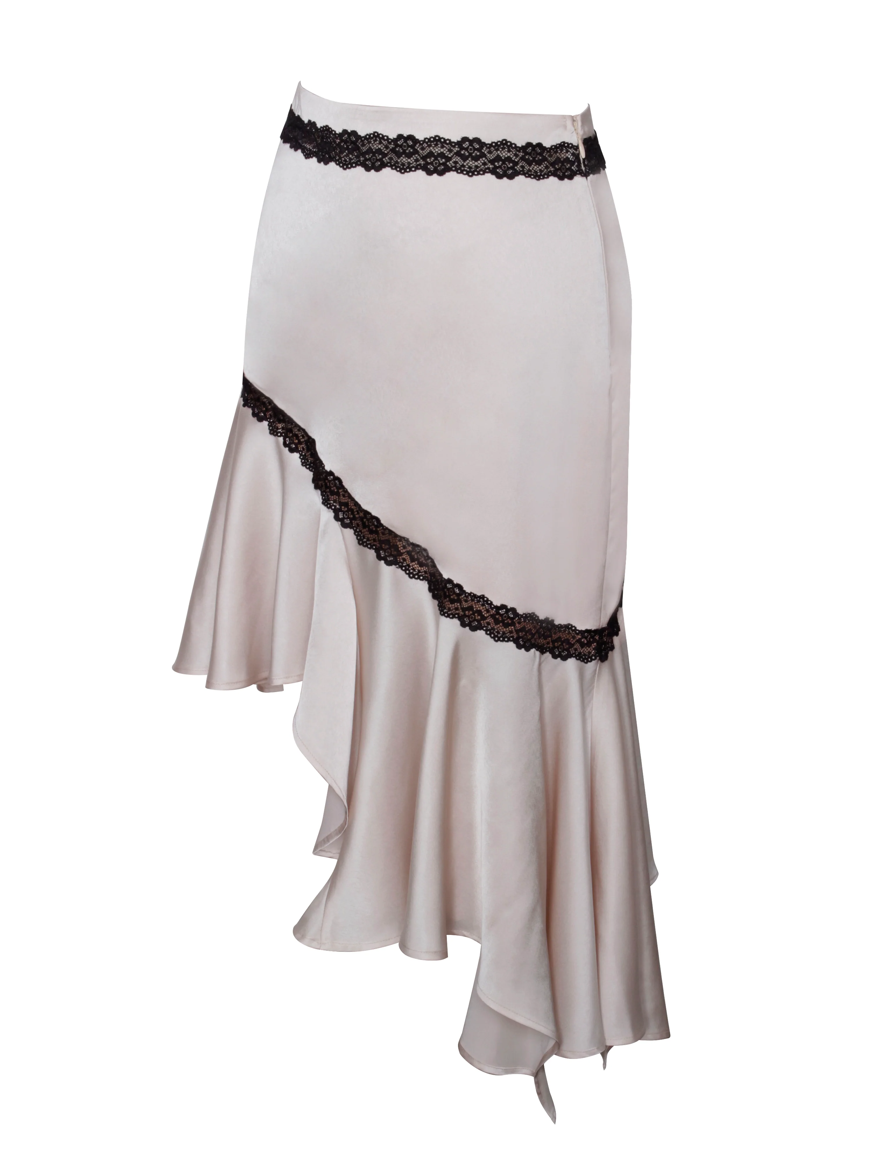 Yahvi Beige Lace Trim Satin Skirt