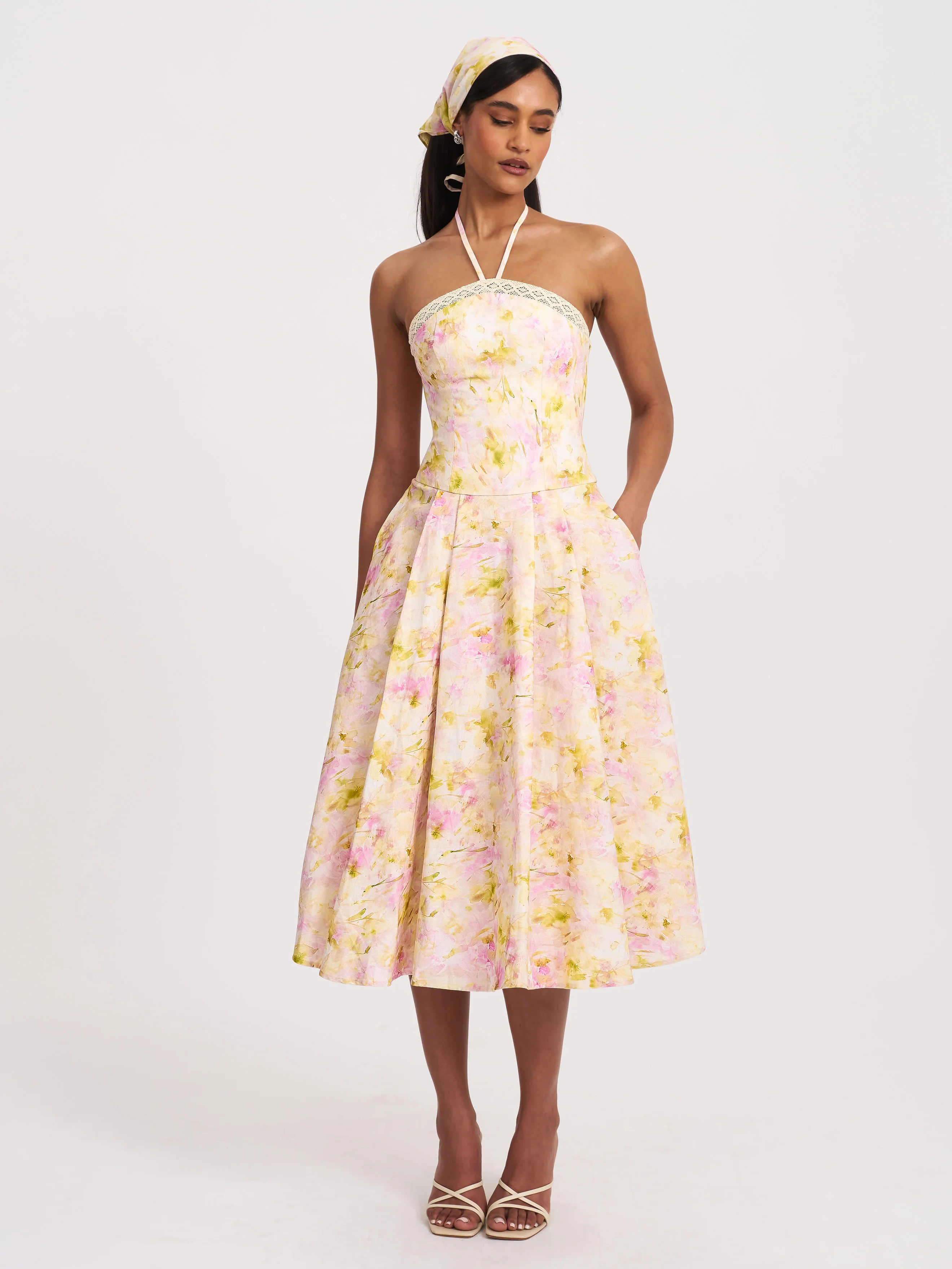 Zaina Yellow Pink Floral Print Lace Trim Linen Midi Dress