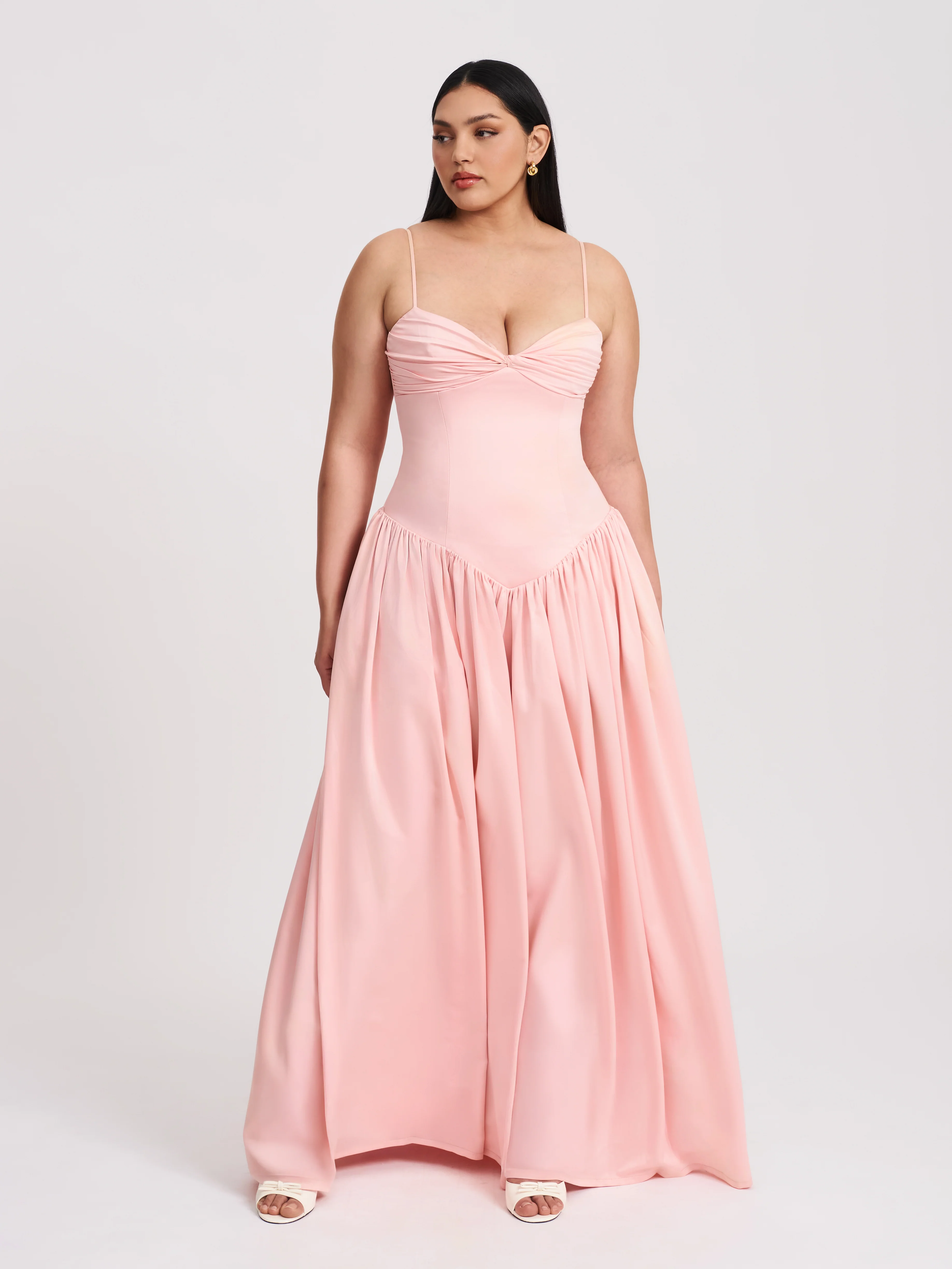Najwa Baby Pink Ruched Breast Drop Waist Maxi Dress