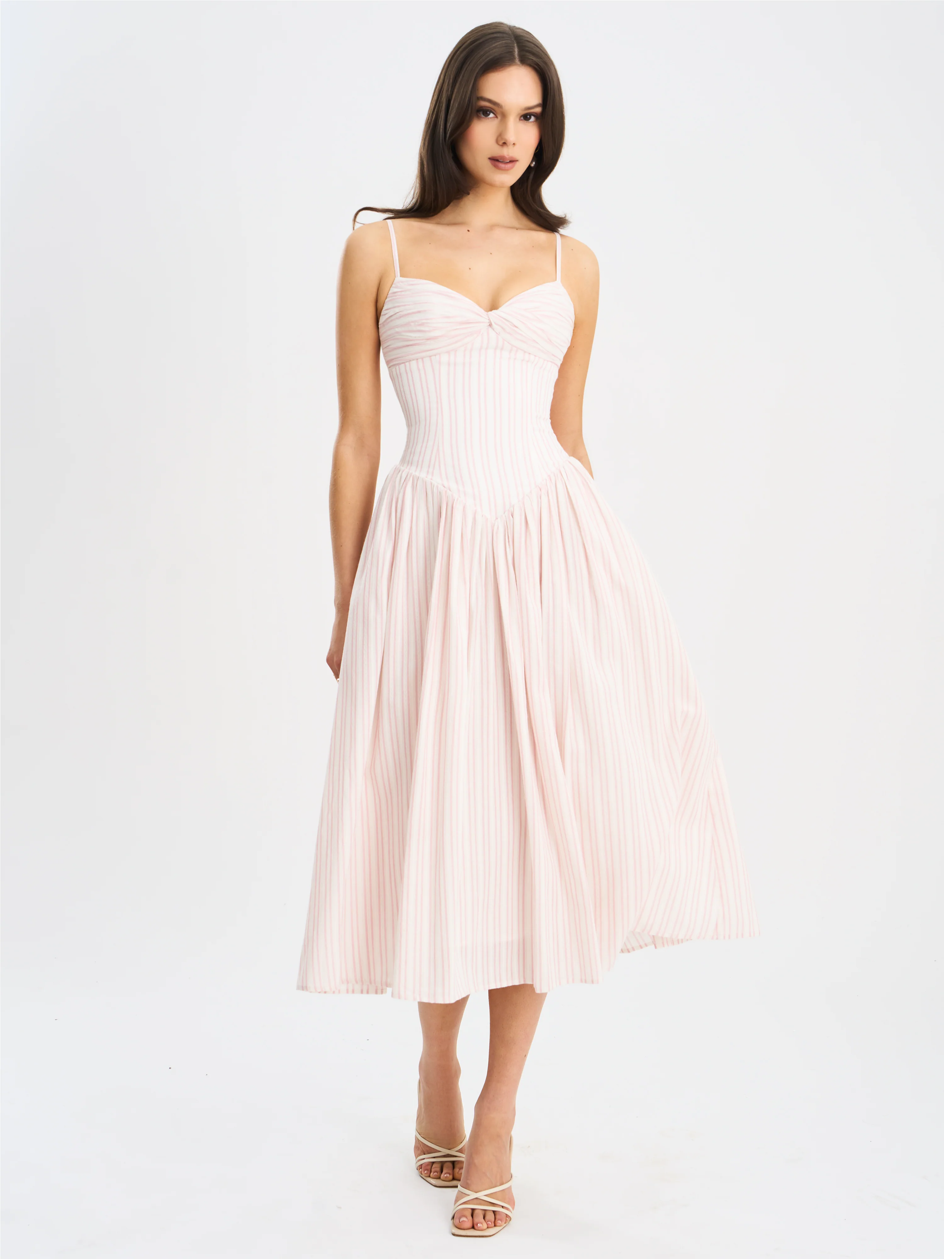 Zania Pink Stripe Ruched Breast Cotton Jacquard Midi Dress
